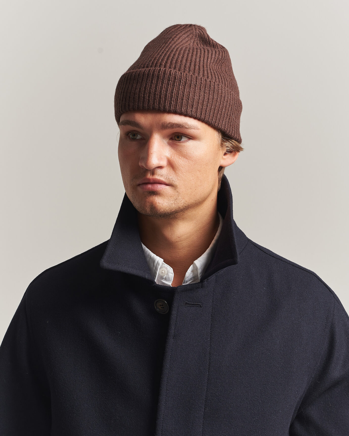 Men | Beanies | Amanda Christensen | Rib Knitted Merino Wool Cap Brown