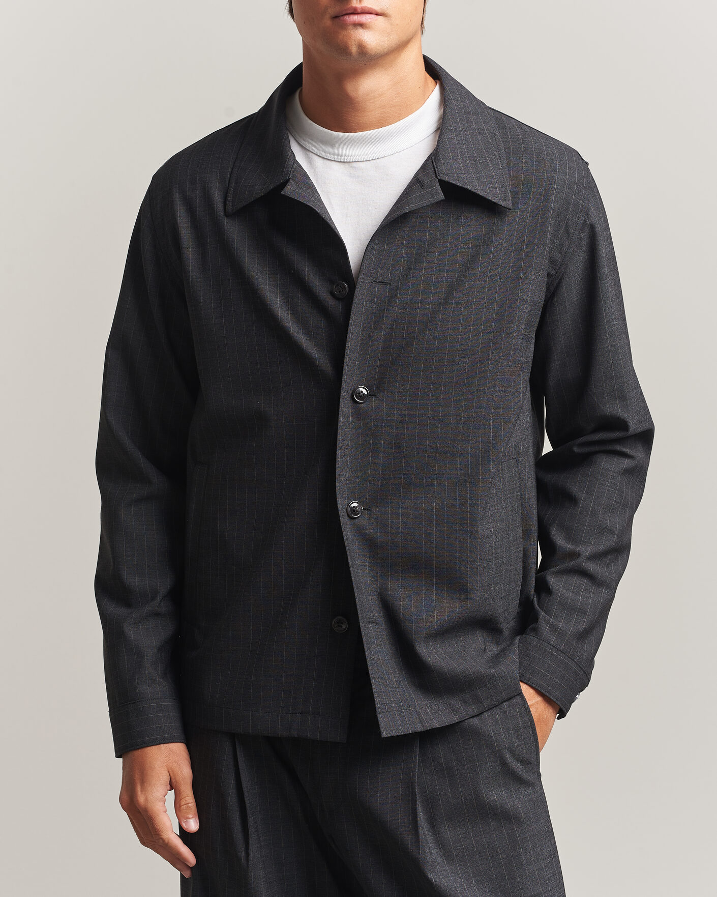 Men | Shirts | NN07 | Zander Wool Pinstriped Overshirt Dark Grey