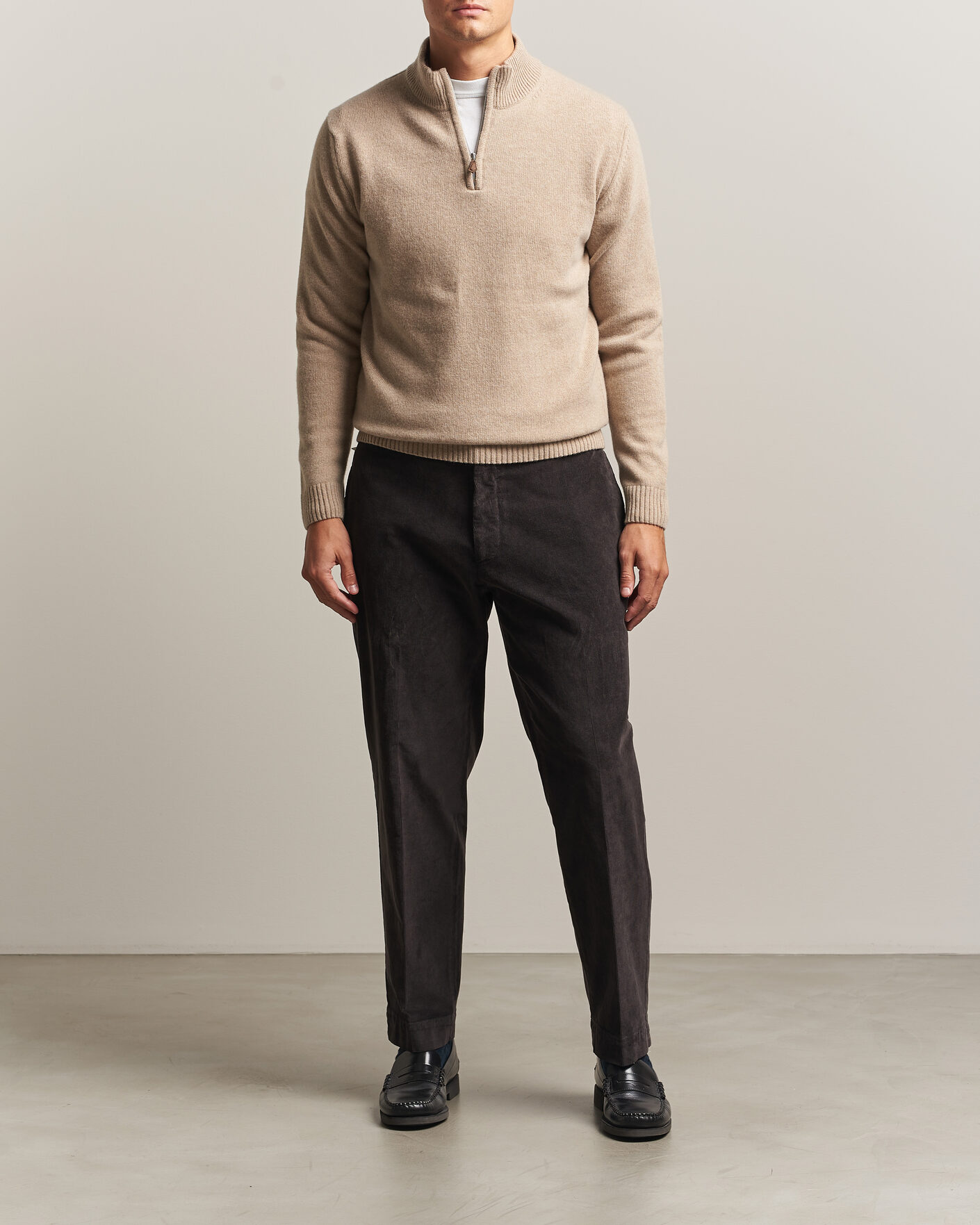 Men | Sweaters & Knitwear | Stenströms | Brushed Merino Half-Zip Beige