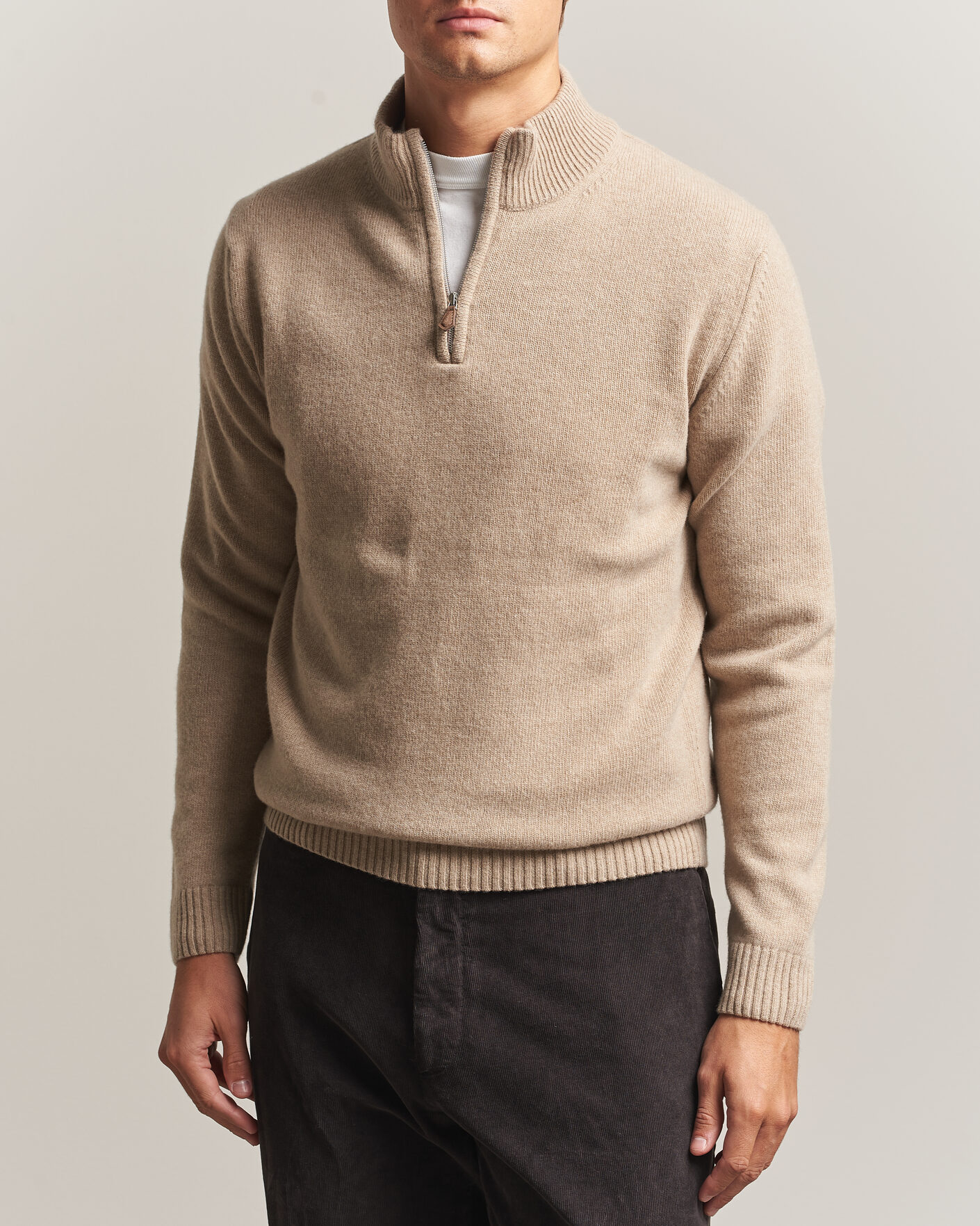 Men | Sweaters & Knitwear | Stenströms | Brushed Merino Half-Zip Beige