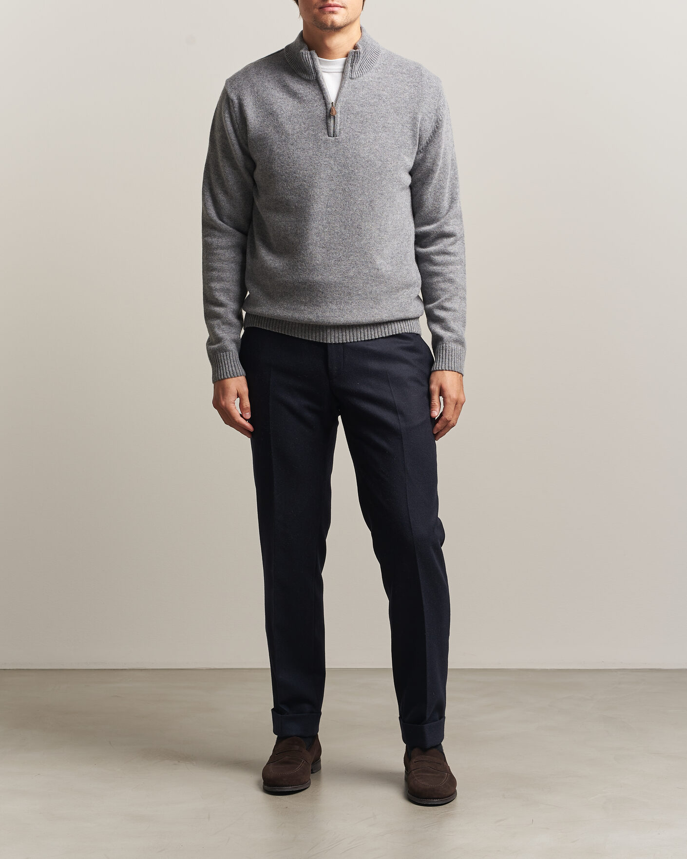 Men | Sweaters & Knitwear | Stenströms | Brushed Merino Half-Zip Grey