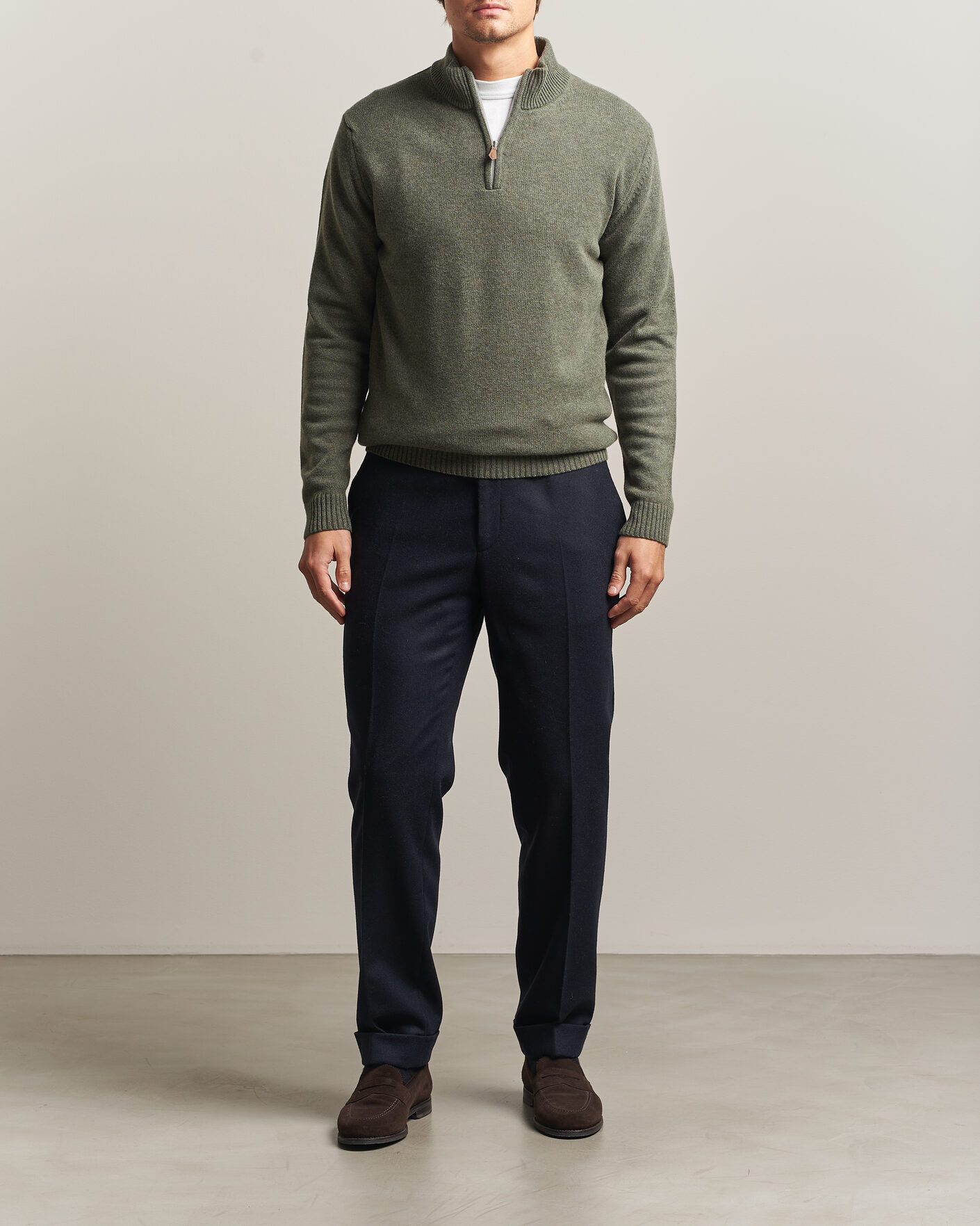 Men | Sweaters & Knitwear | Stenströms | Brushed Merino Half-Zip Green