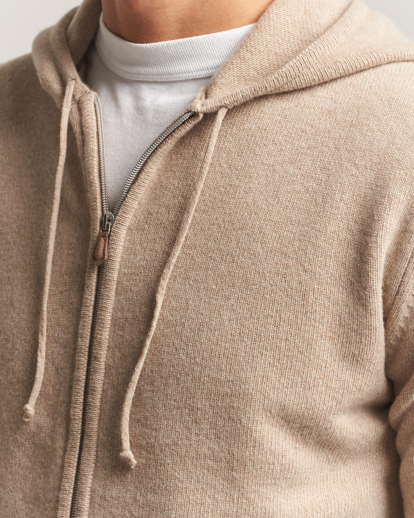 Men | Sweaters & Knitwear | Stenströms | Brushed Merino Full-Zip Hood Beige