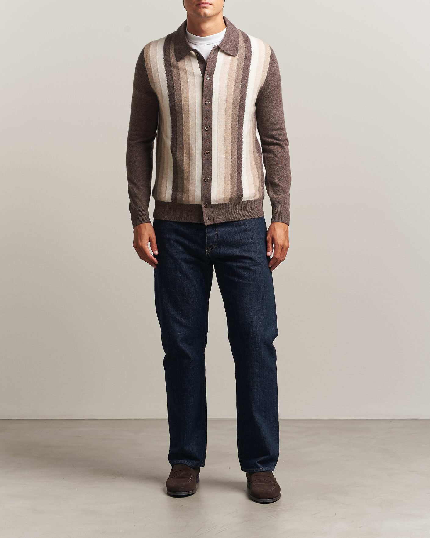 Men | Sweaters & Knitwear | Stenströms | Cashmere Striped Polo Cardigan Brown