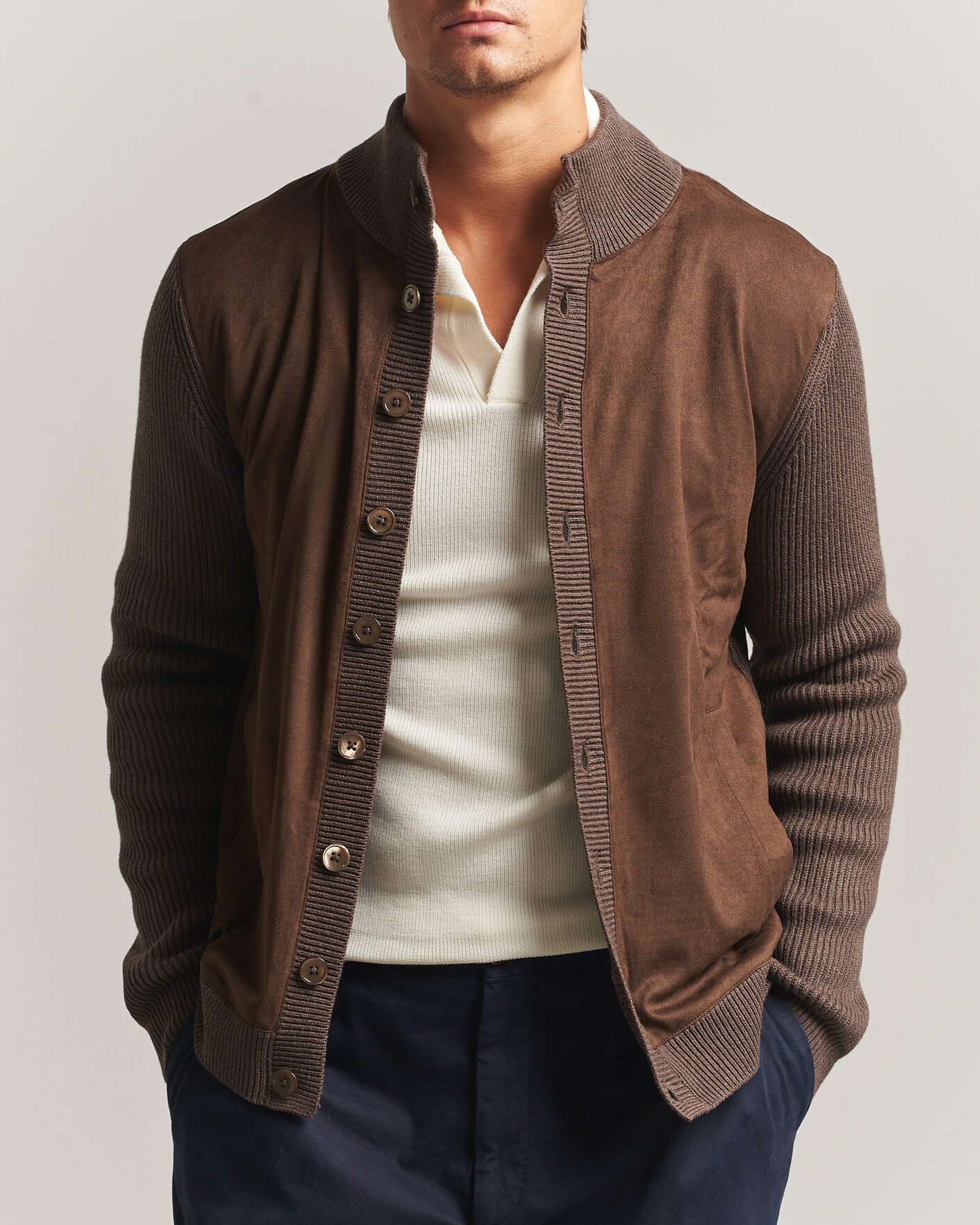 Men | Sweaters & Knitwear | Stenströms | Knitted Hybrid Alcantara Jacket Brown