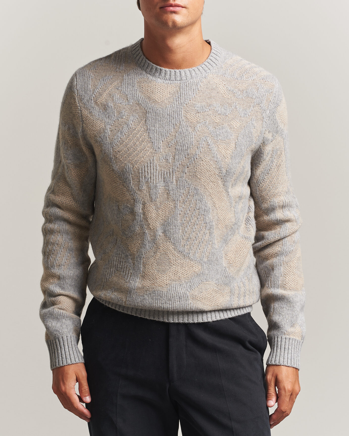 Men | Sweaters & Knitwear | Stenströms | Knitted Jaquard Yak/Merino Sweater Beige Grey