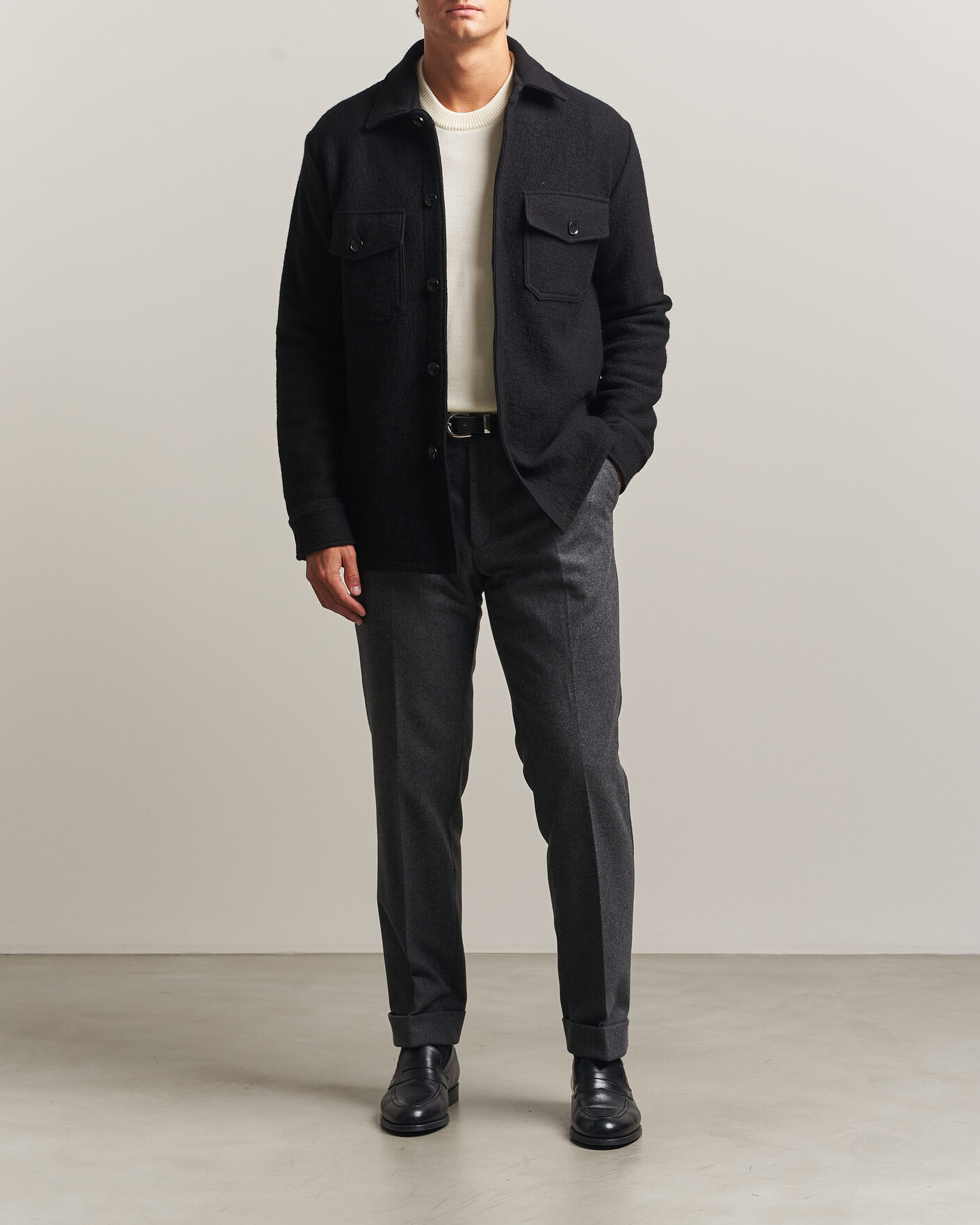 Men | Shirts | Stenströms | Felted Wool Overshirt Black