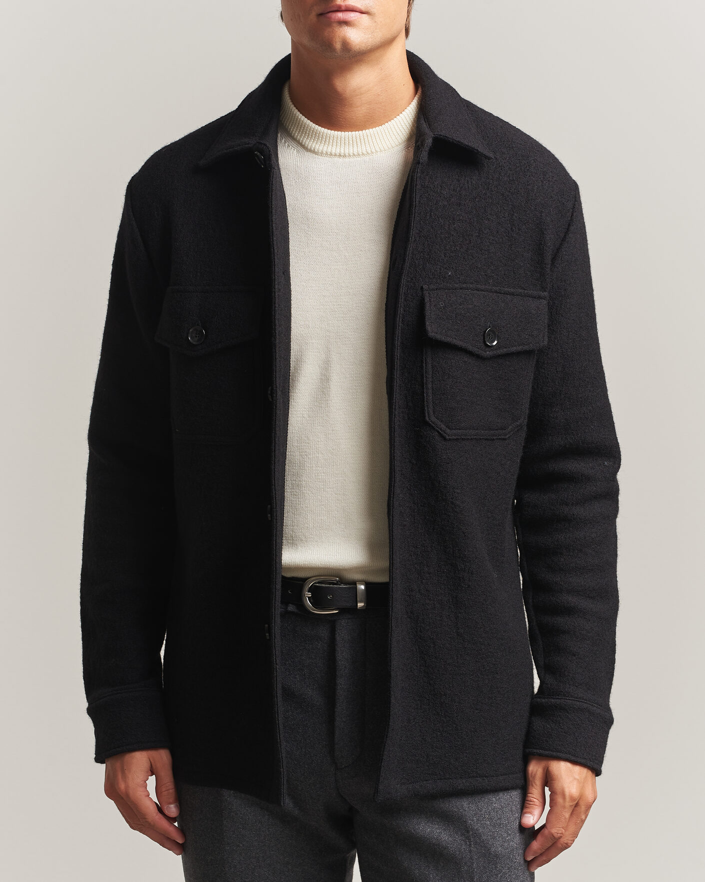 Men | Shirts | Stenströms | Felted Wool Overshirt Black