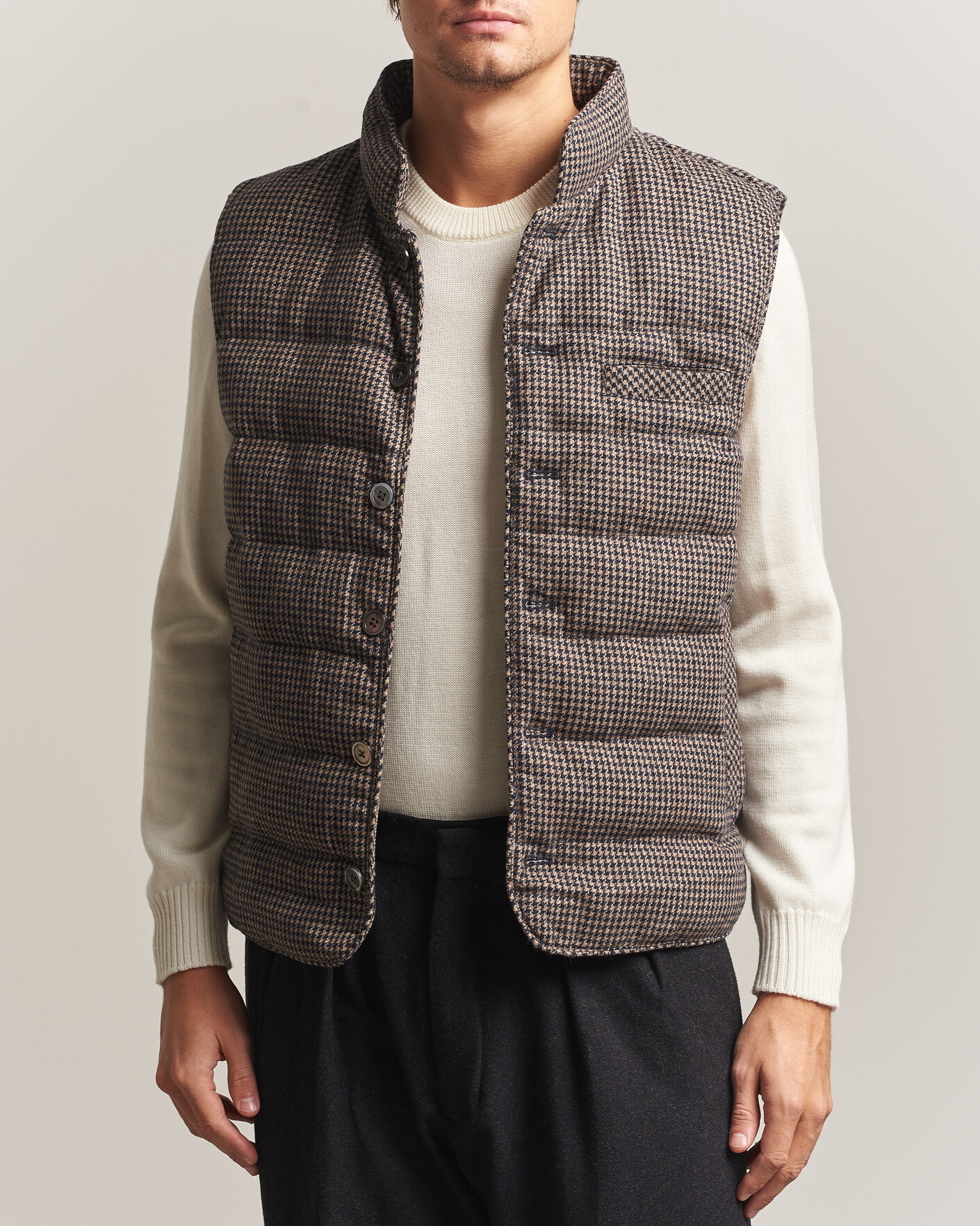 Men | Gilets | Stenströms | Padded Houndstooth Wool Vest Brown