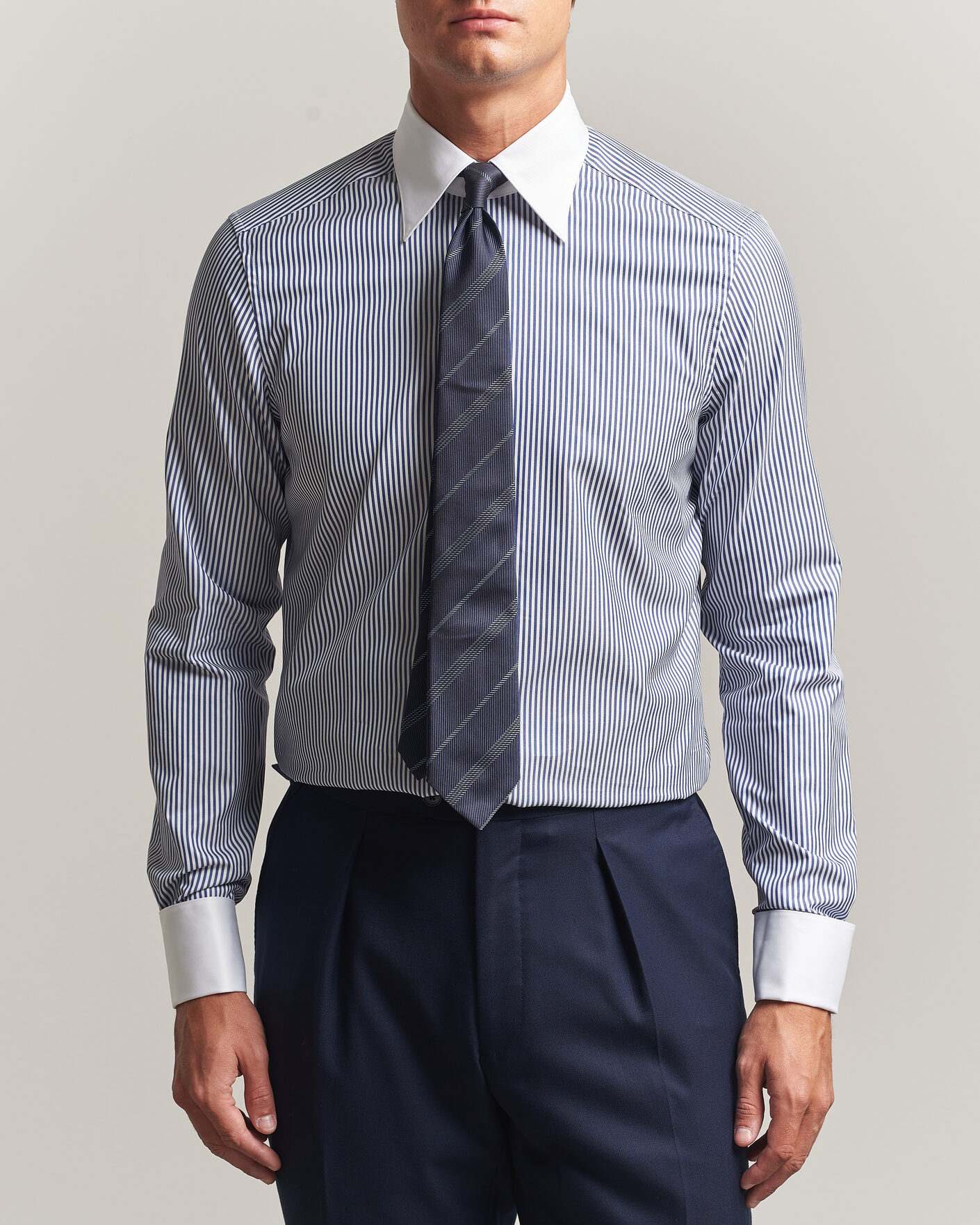 Men | Shirts | Stenströms | Slimline White Collar Stripe Whinchester Shirt Blue
