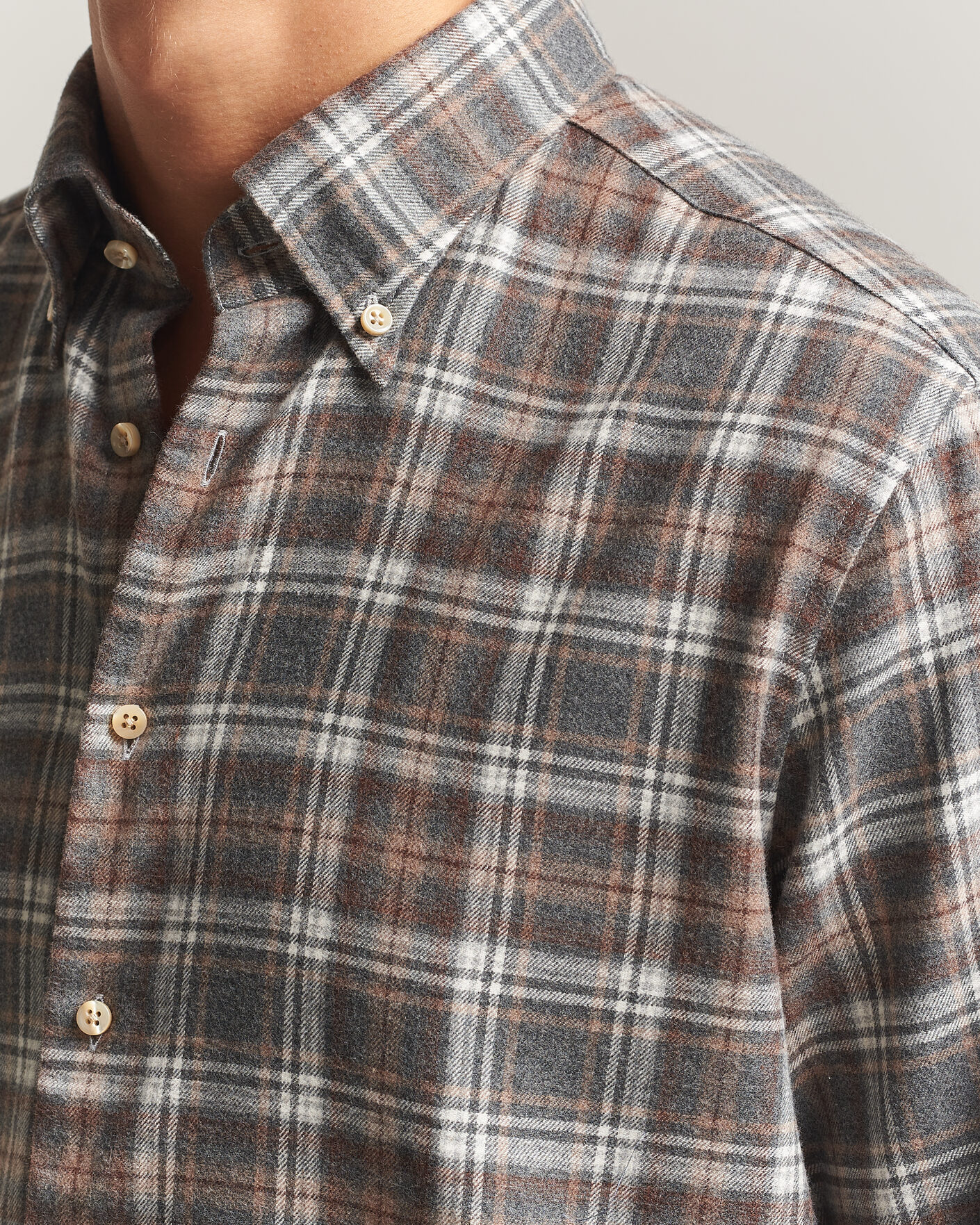 Men | Shirts | Stenströms | Regular Fit Check Cut Away Flannel Shirt Brown