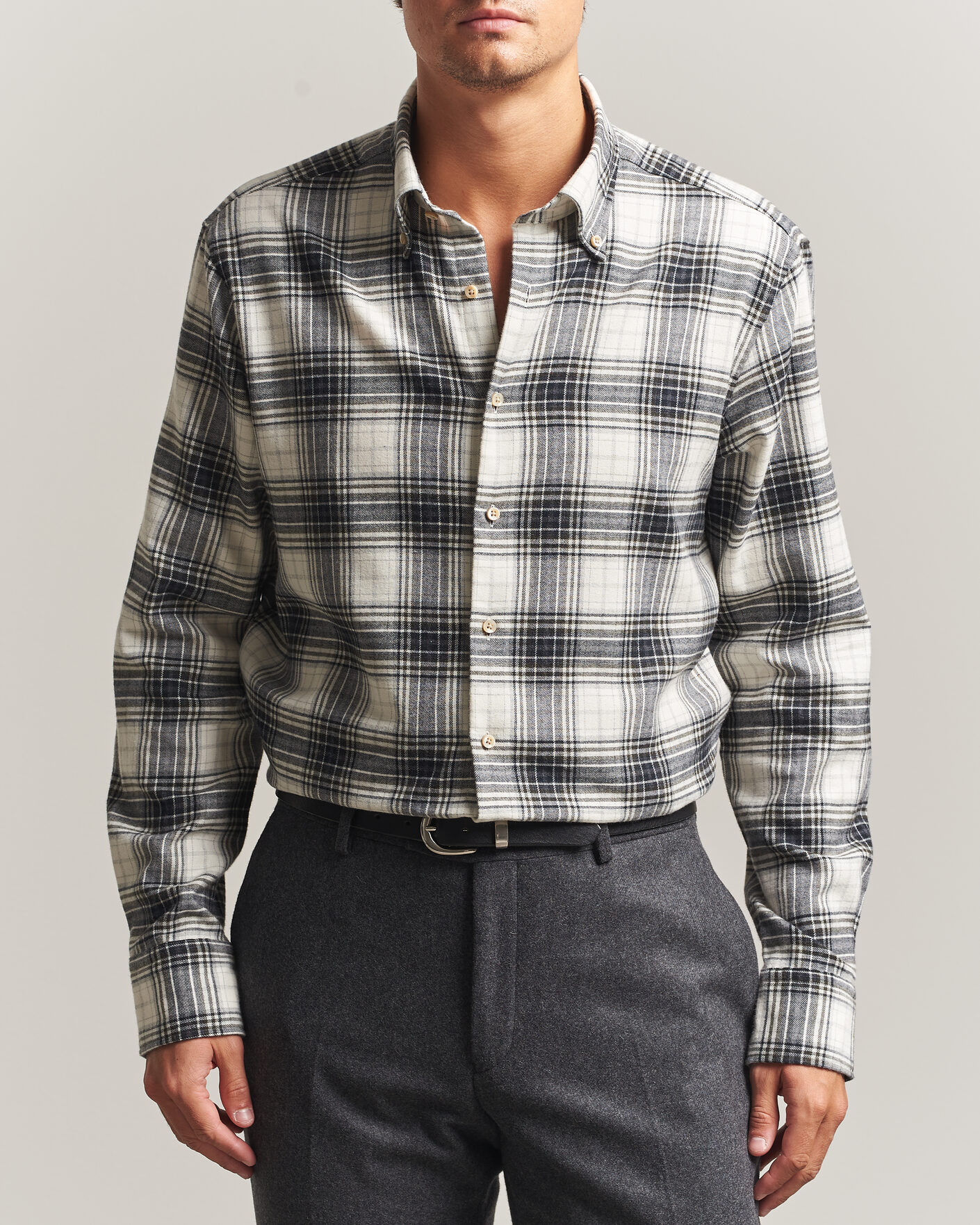Men | Shirts | Stenströms | Regular Fit Check Button Down Flannel Shirt Grey