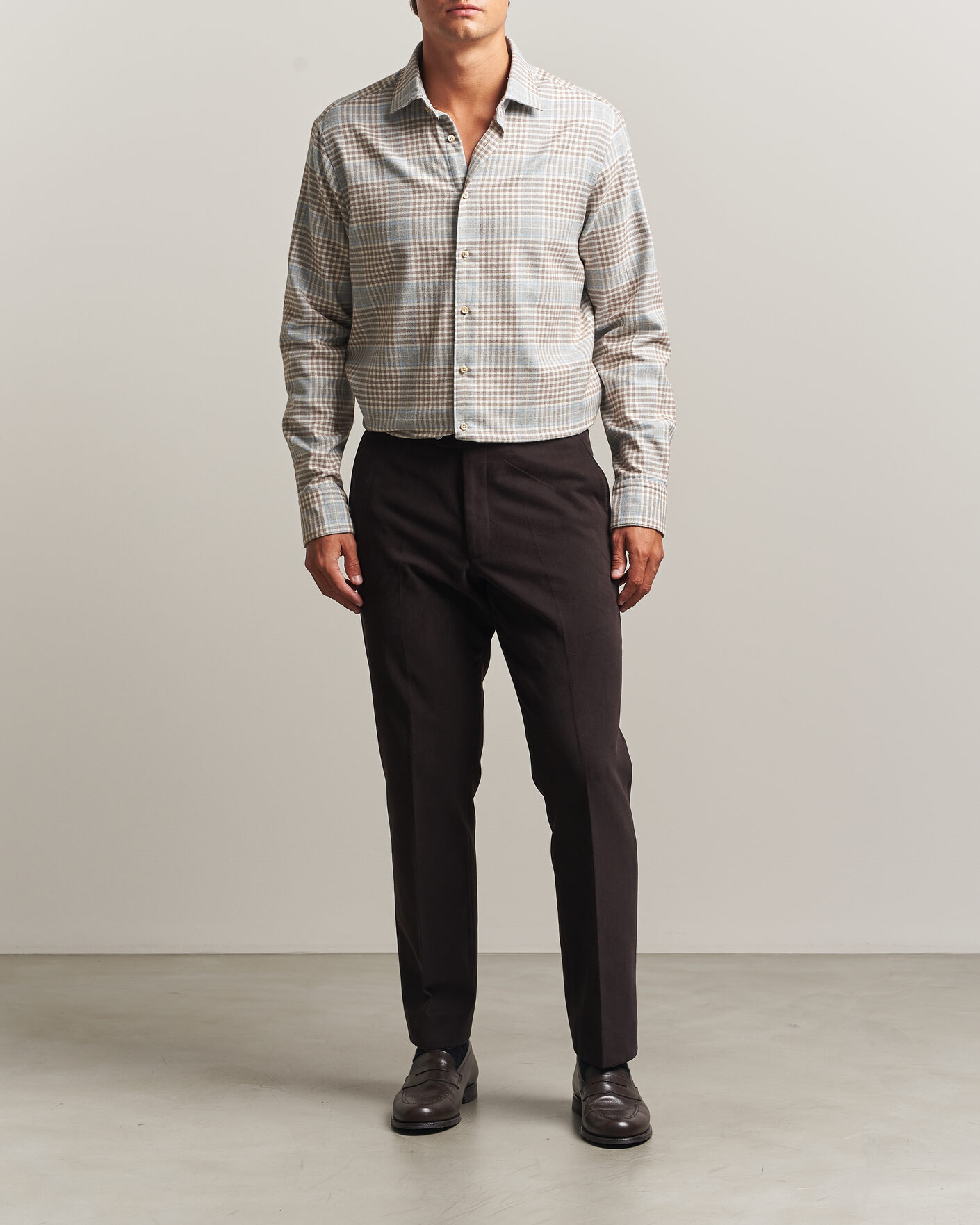 Men | Shirts | Stenströms | Regular Fit Overcheck Flannel Shirt Light Brown
