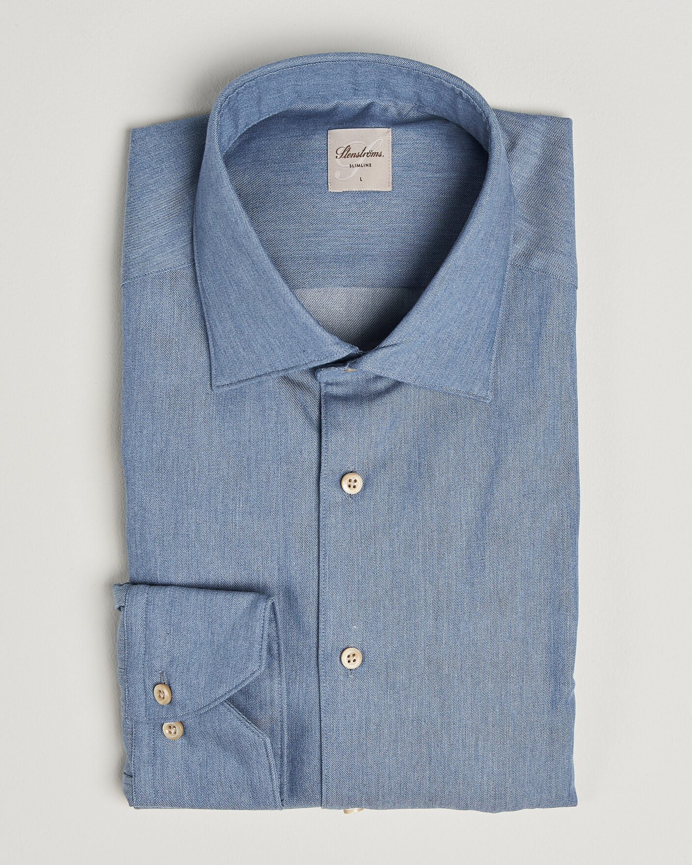 Men | Shirts | Stenströms | Slimline Cotton Twill Denim Shirt Blue