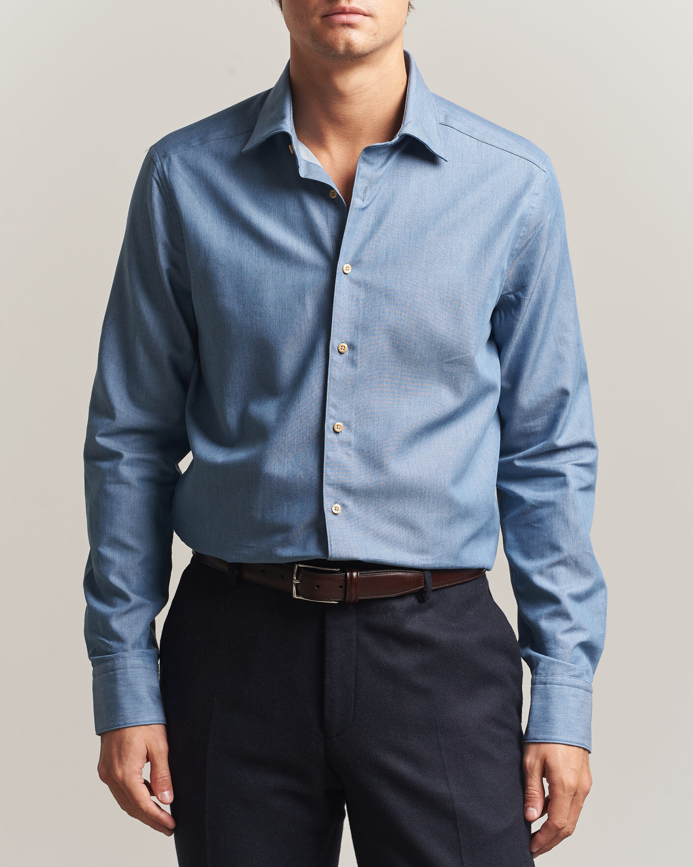 Men | Shirts | Stenströms | Slimline Cotton Twill Denim Shirt Blue