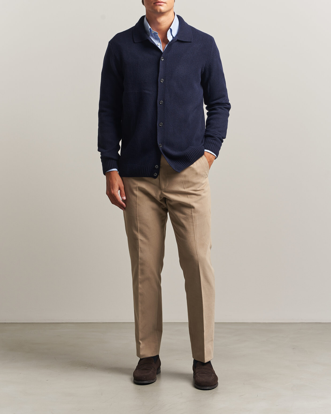Men | Sweaters & Knitwear | Stenströms | Brushed Merino Polo Cardigan Navy