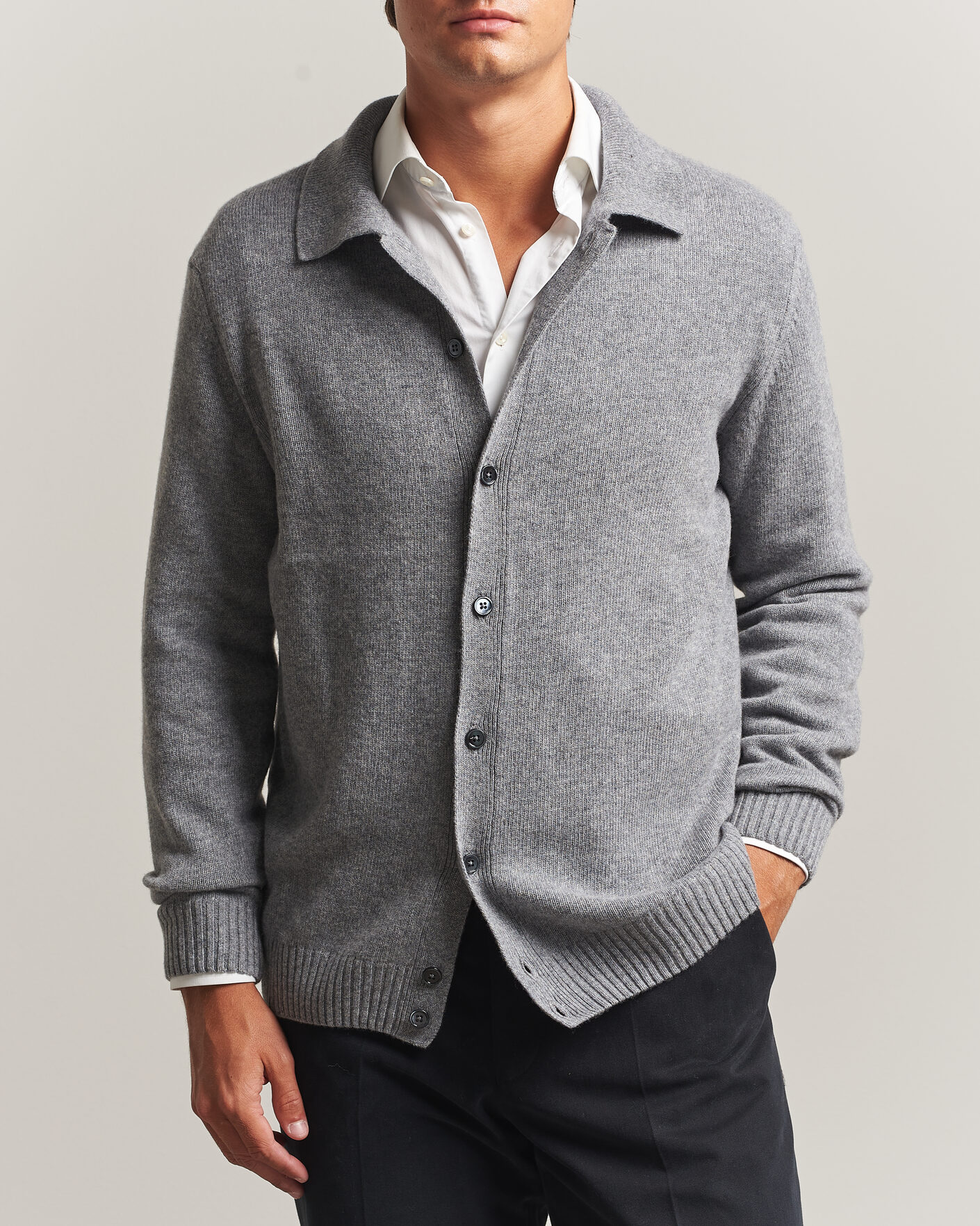 Men | Sweaters & Knitwear | Stenströms | Brushed Merino Polo Cardigan Grey