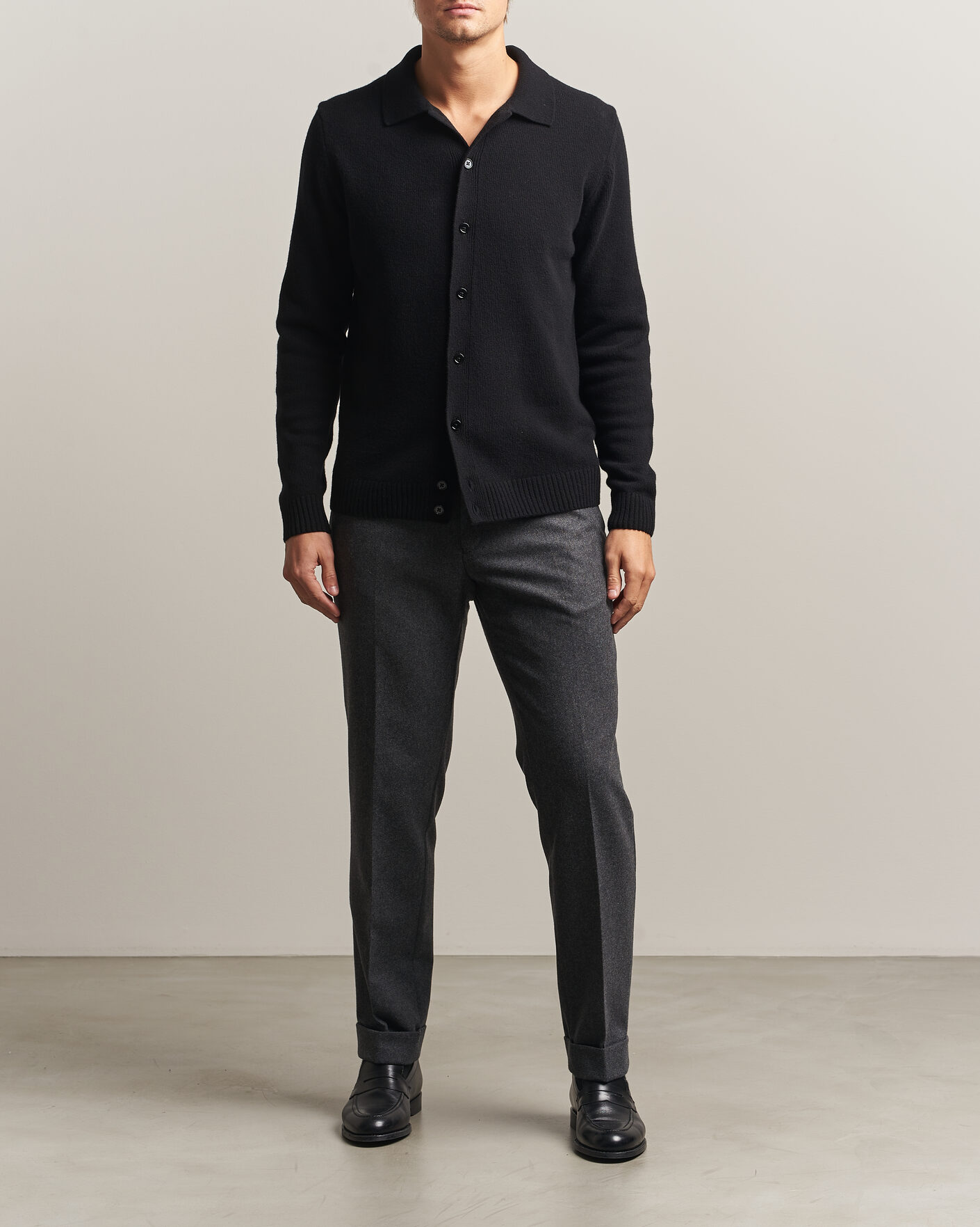 Men | Sweaters & Knitwear | Stenströms | Brushed Merino Polo Cardigan Black