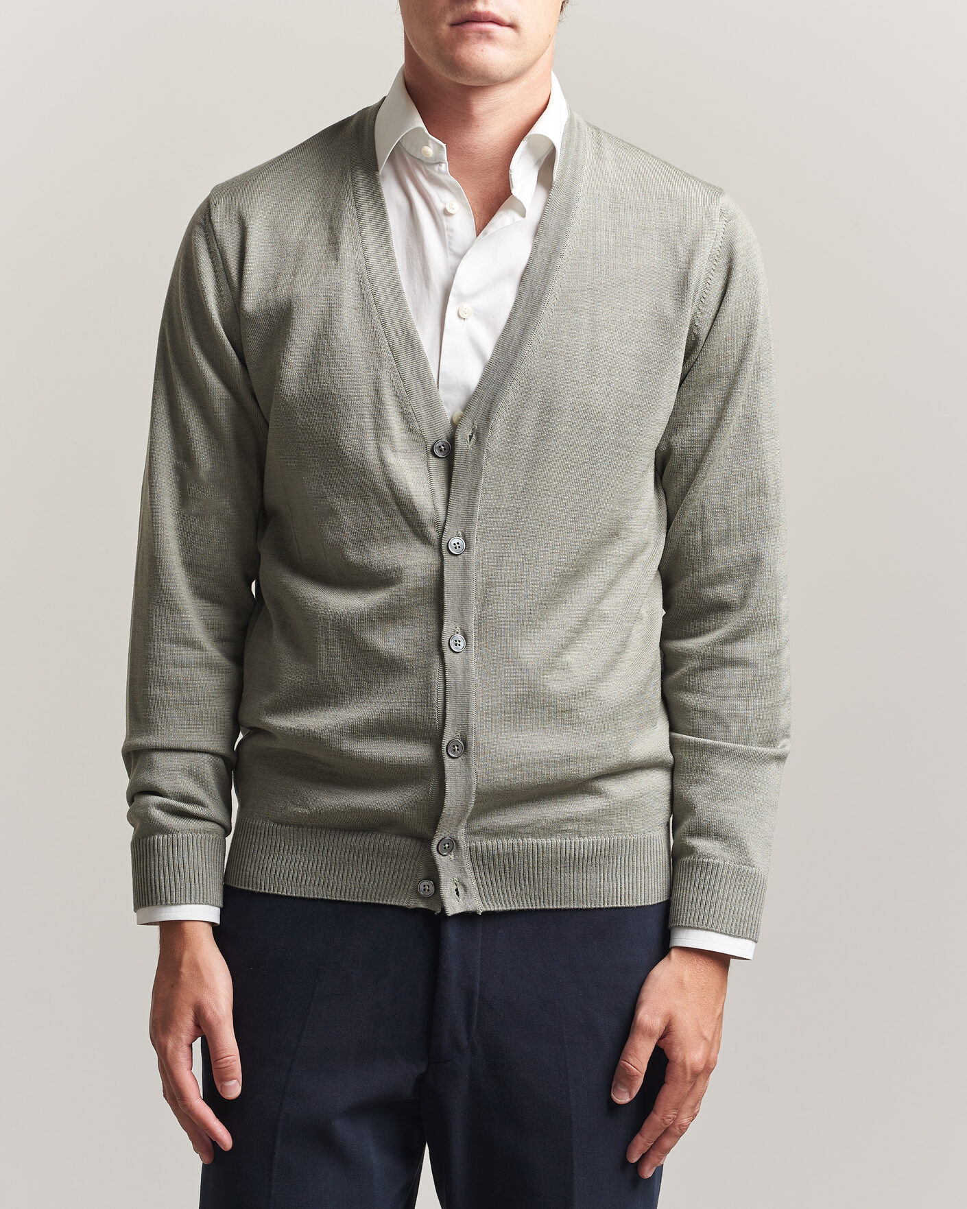 Men | Sweaters & Knitwear | Stenströms | Merino Cardigan Green/Grey