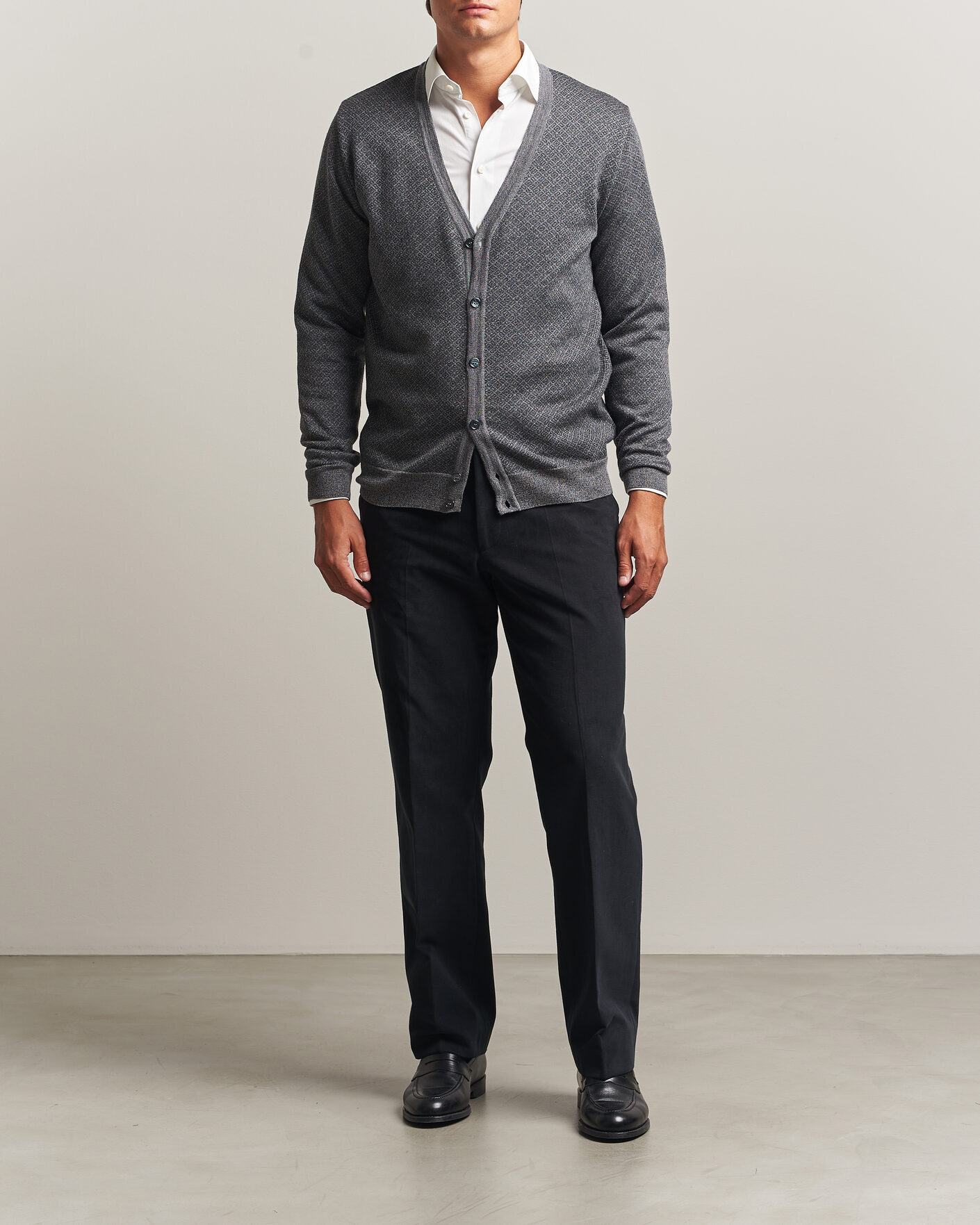 Men | Sweaters & Knitwear | Stenströms | Merino Jaquard Cardigan Dark Grey