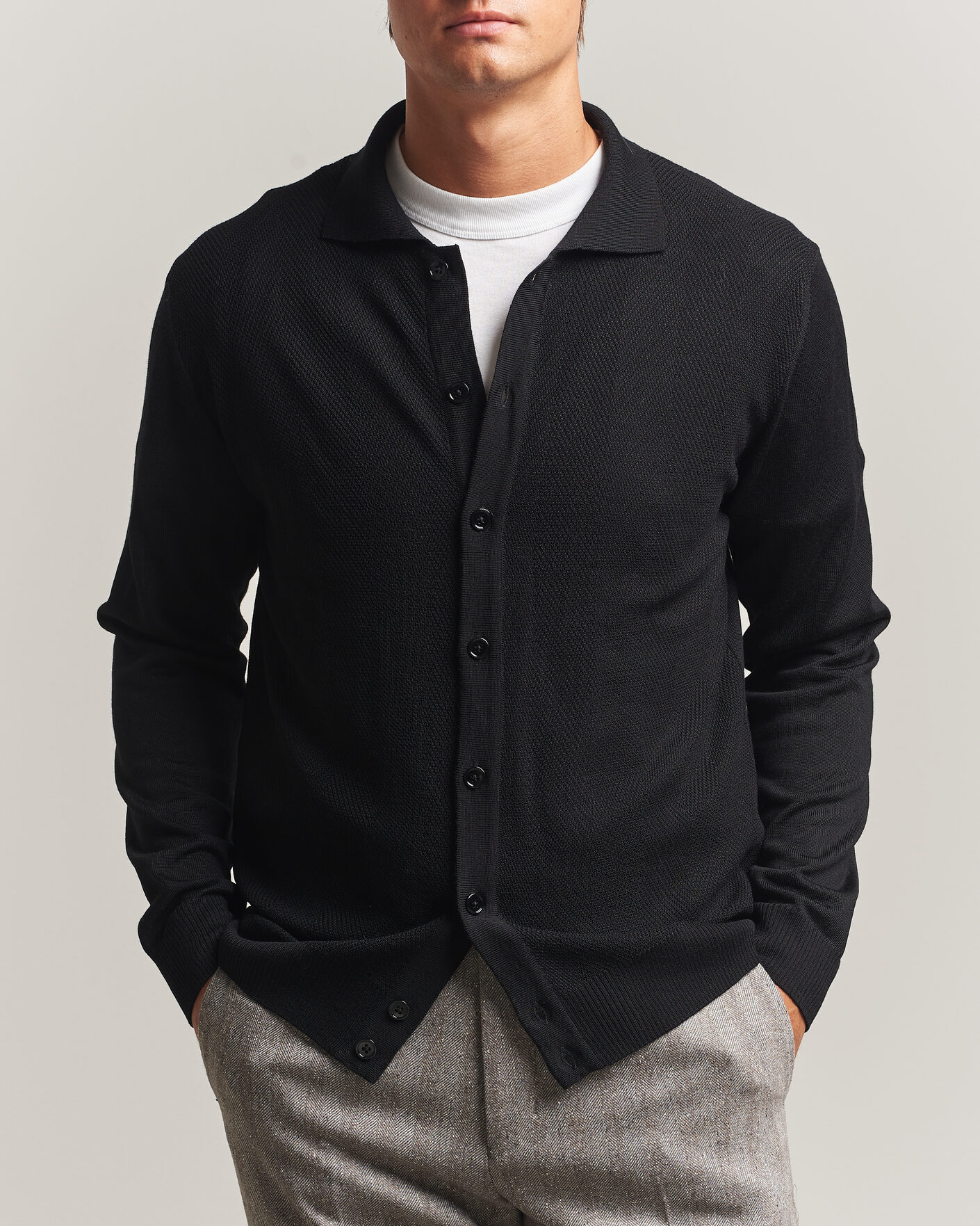 Men | Sweaters & Knitwear | Stenströms | Merino Herringbone Polo Cardigan Black