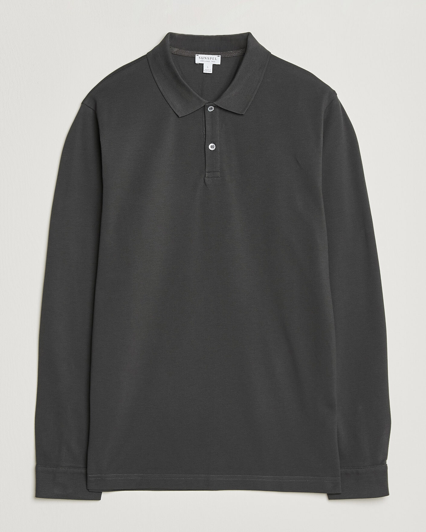 Men | Polo Shirts | Sunspel | Supima Cotton Long Sleeve Pique Polo Anthracite