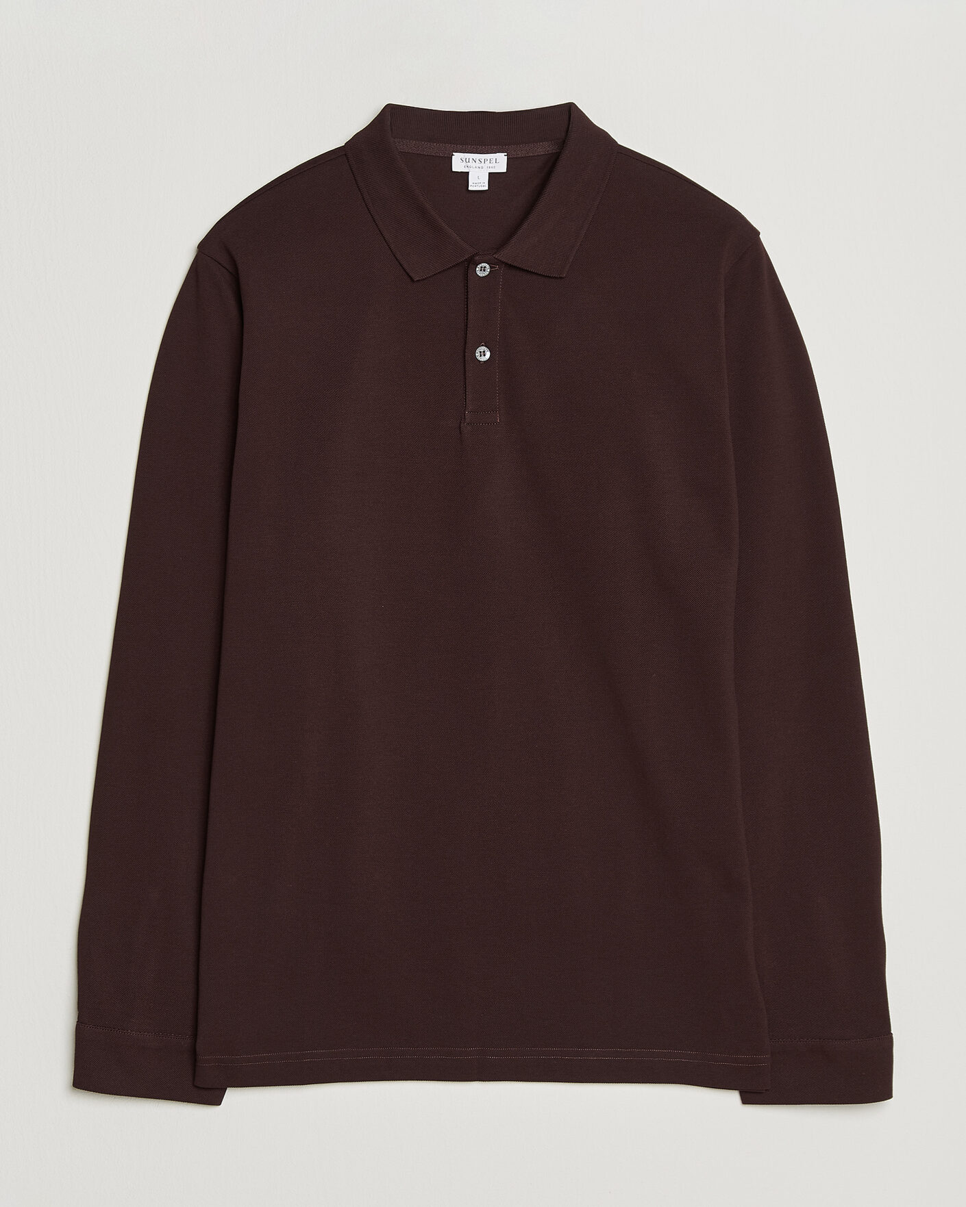 Men | Polo Shirts | Sunspel | Supima Cotton Long Sleeve Pique Polo Dark Brown