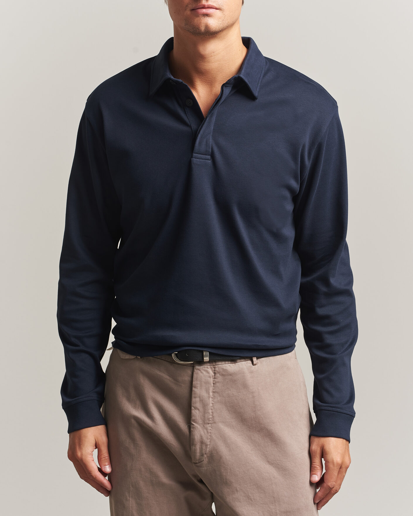 Men | Polo Shirts | Sunspel | Heavy Weight Supima Cotton Long Sleeve Polo Navy