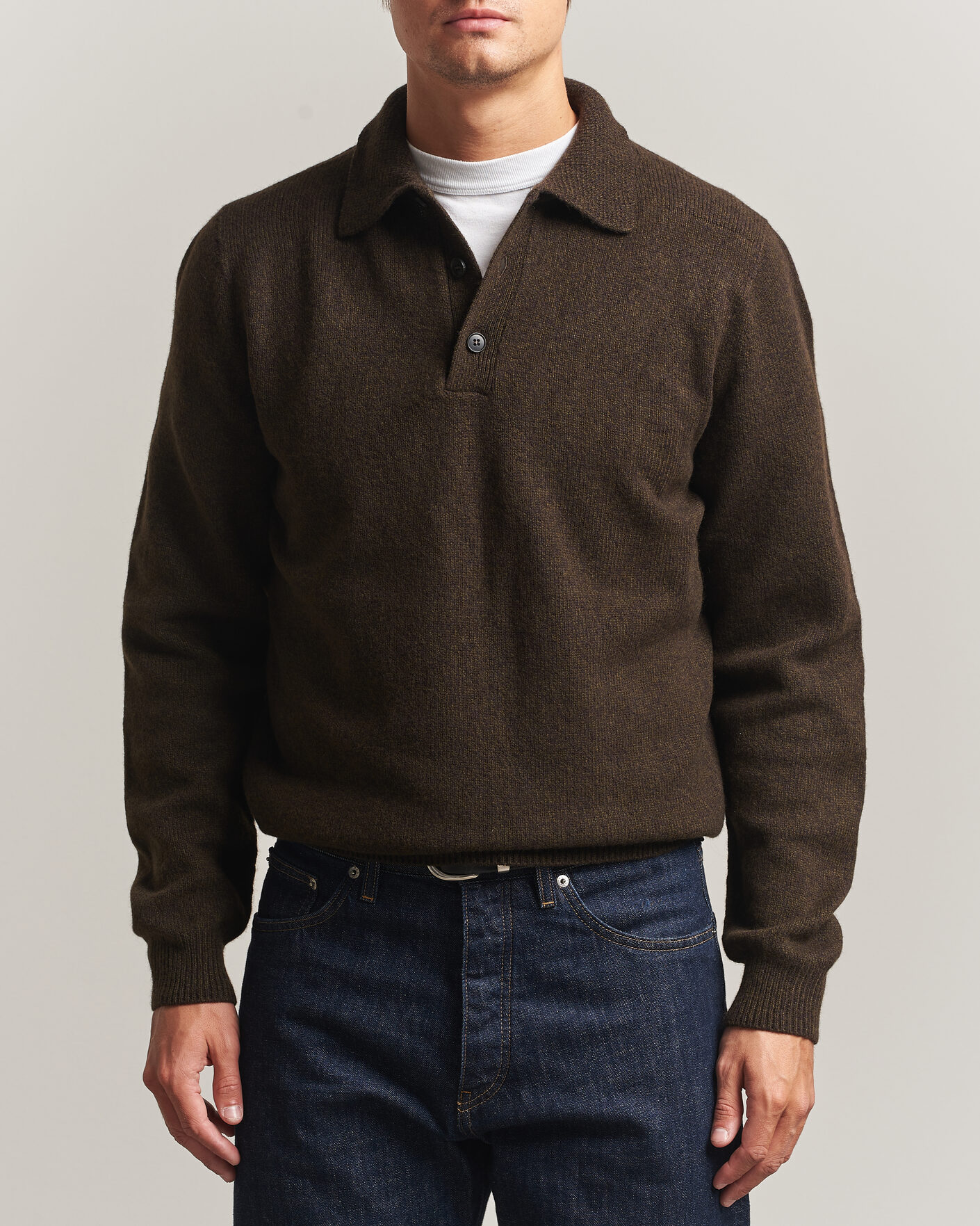 Men | Sweaters & Knitwear | Sunspel | Lambswool Poloshirt Loden Twist
