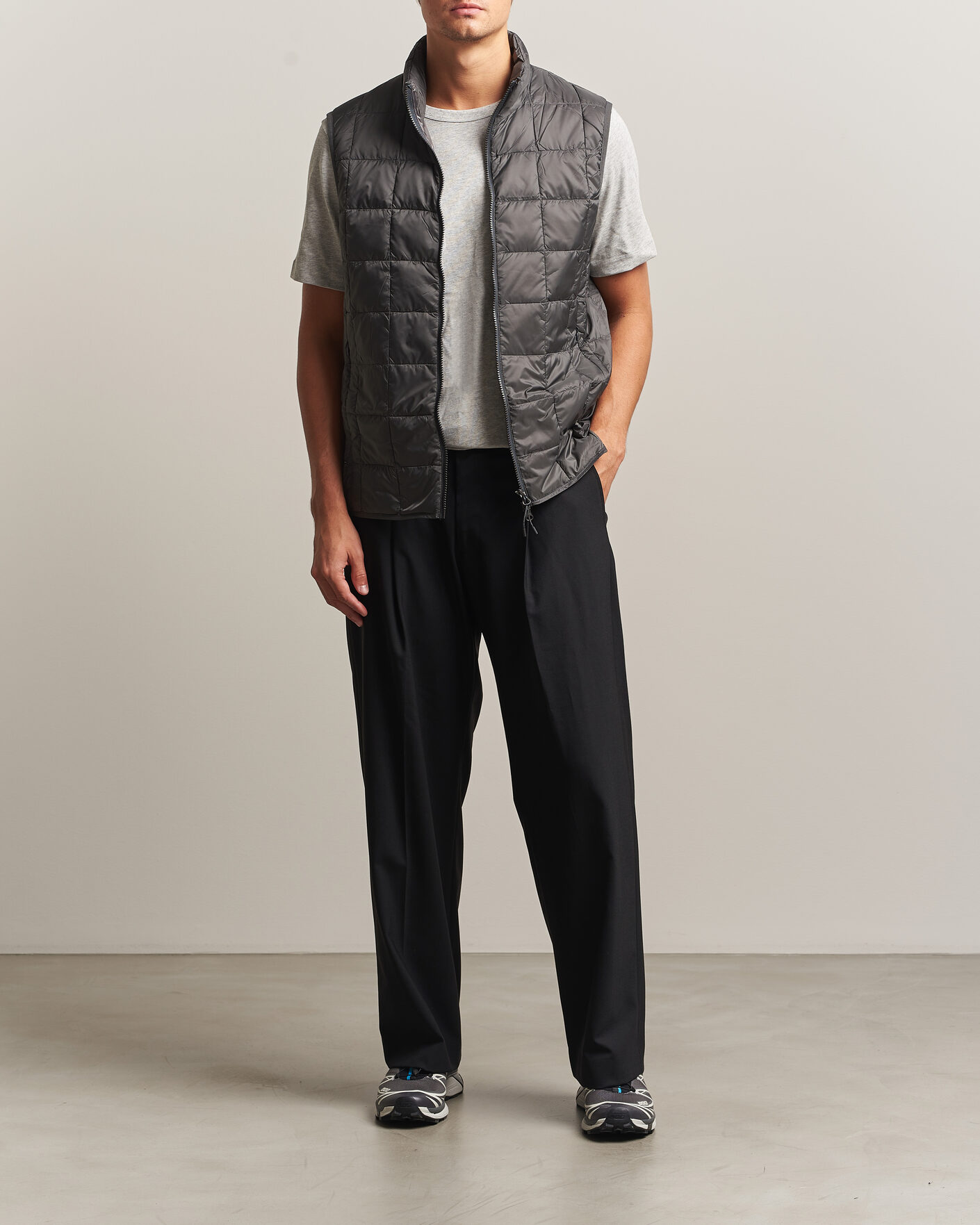 TAION High Neck Full Zip Lightweight Down Vest Dark Grey at