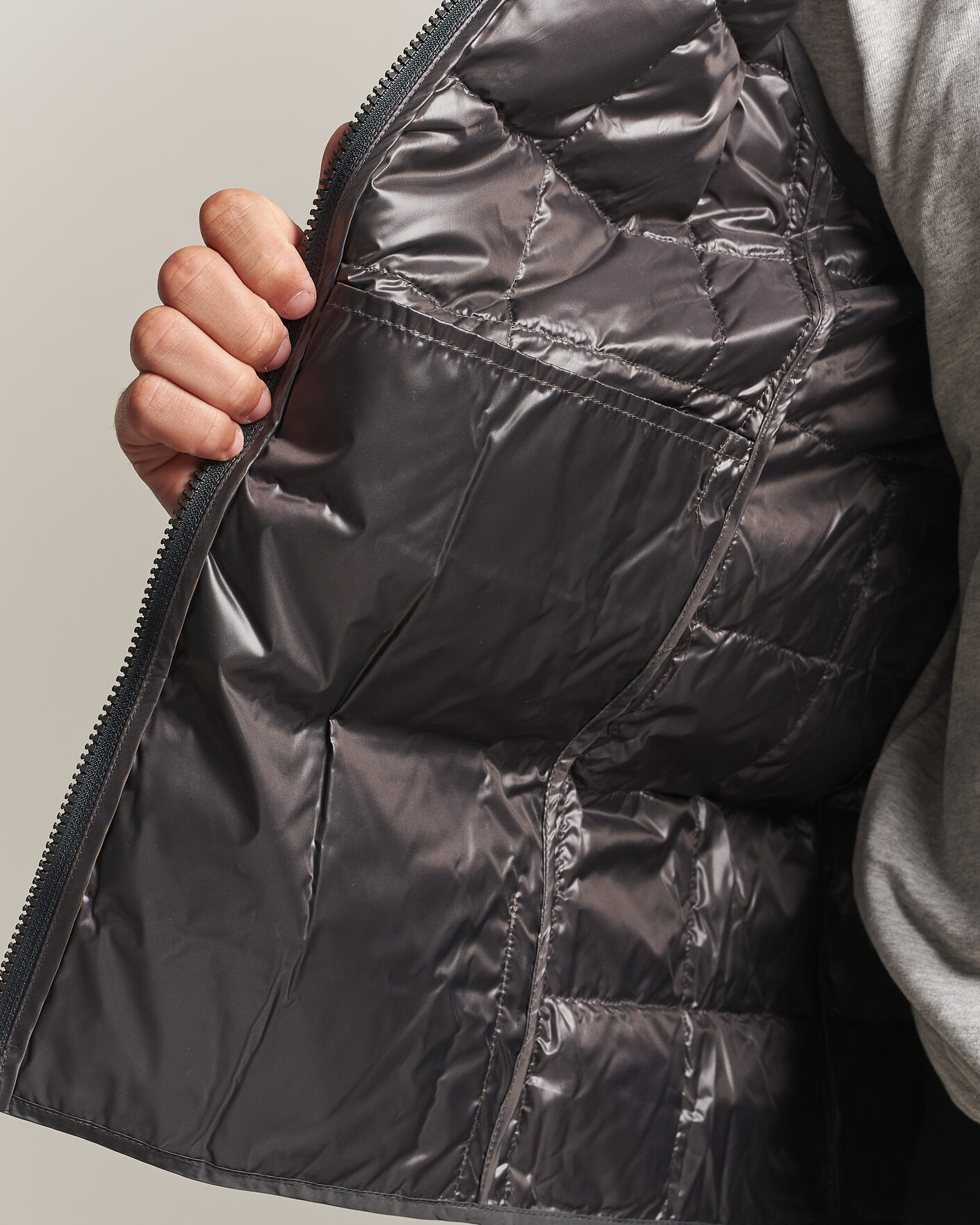 Men | Gilets | TAION | High Neck Full Zip Lightweight Down Vest Dark Grey