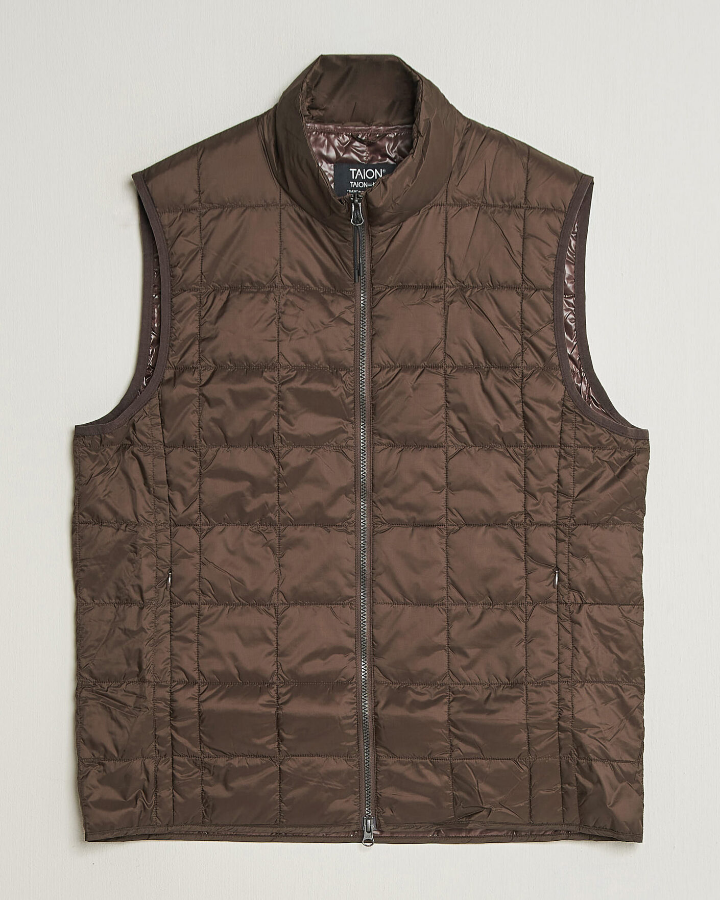 Men | Gilets | TAION | High Neck Full Zip Lightweight Down Vest Dark Choco