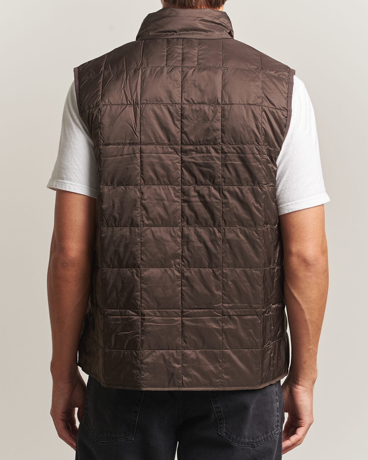 Men | Gilets | TAION | High Neck Full Zip Lightweight Down Vest Dark Choco