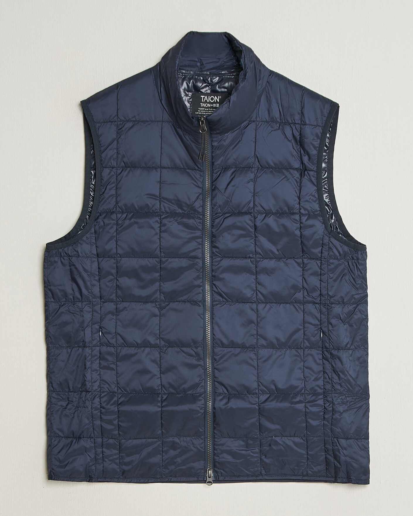 Men | Gilets | TAION | High Neck Full Zip Lightweight Down Vest Dark Navy
