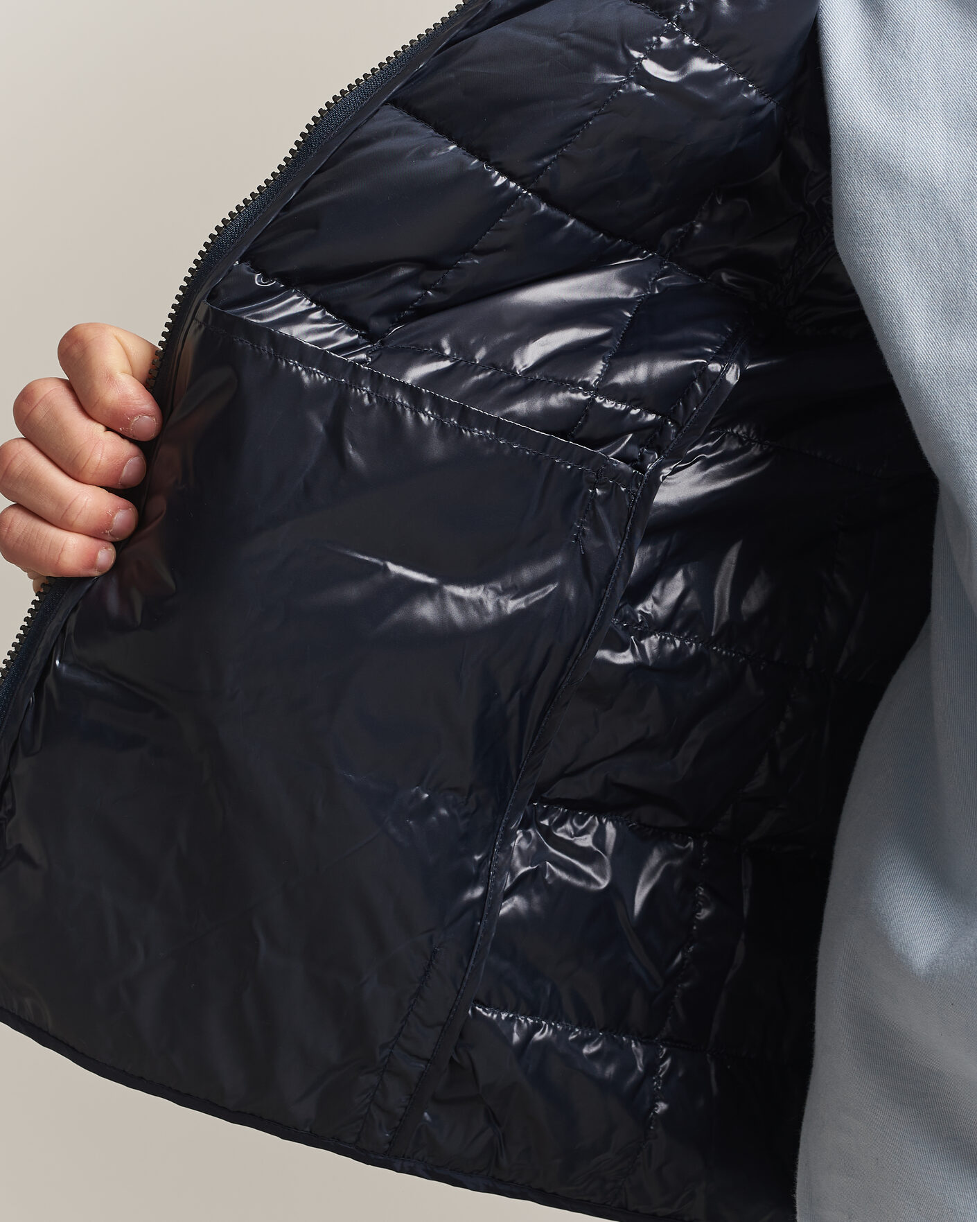 Men | Coats & Jackets | TAION | High Neck Full Zip Lightweight Down Jacket Dark Navy