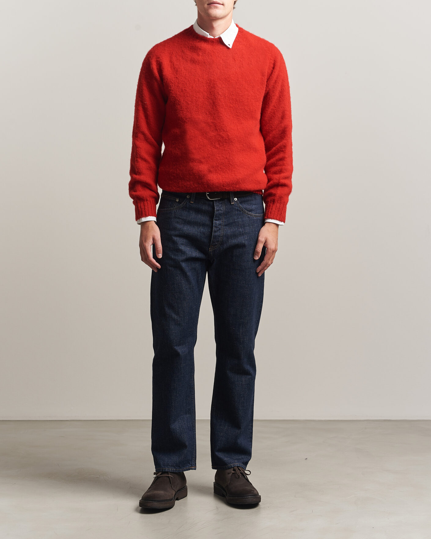 Men | Sweaters & Knitwear | Harley Of Scotland | Brushed Supersoft Lambswool Crewneck Cardinal