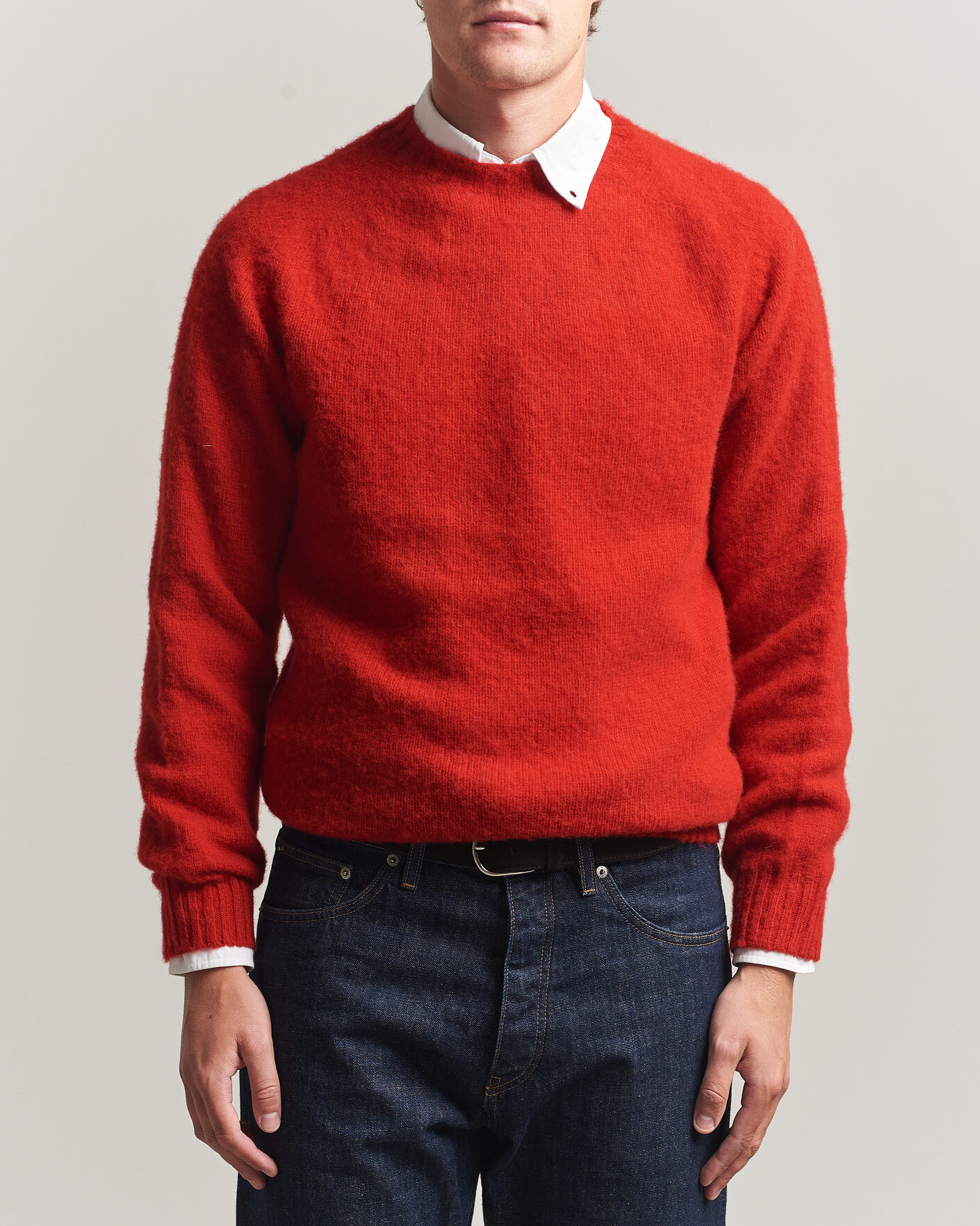 Men | Sweaters & Knitwear | Harley Of Scotland | Brushed Supersoft Lambswool Crewneck Cardinal