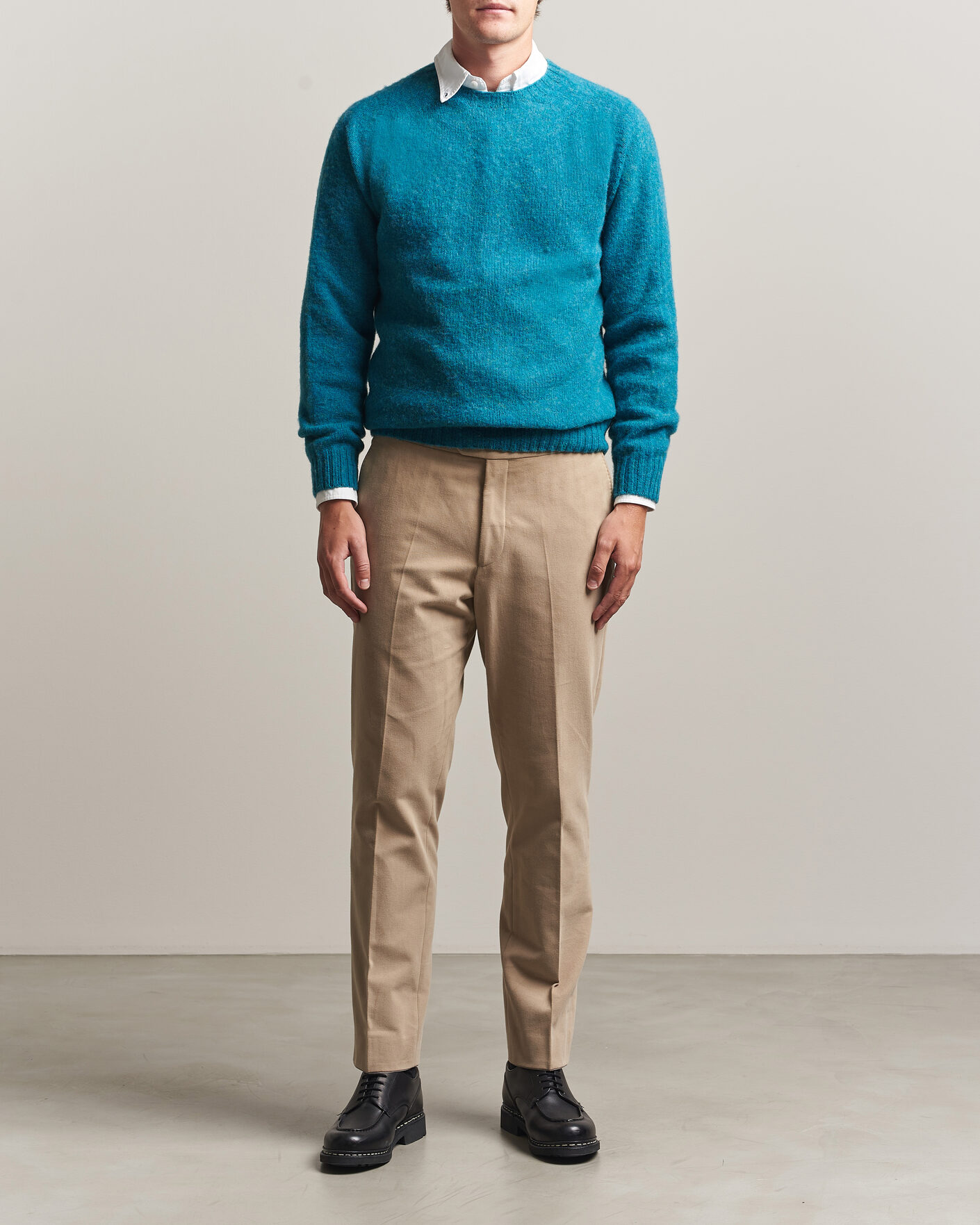 Men | Sweaters & Knitwear | Harley Of Scotland | Brushed Supersoft Lambswool Crewneck Gulfstream