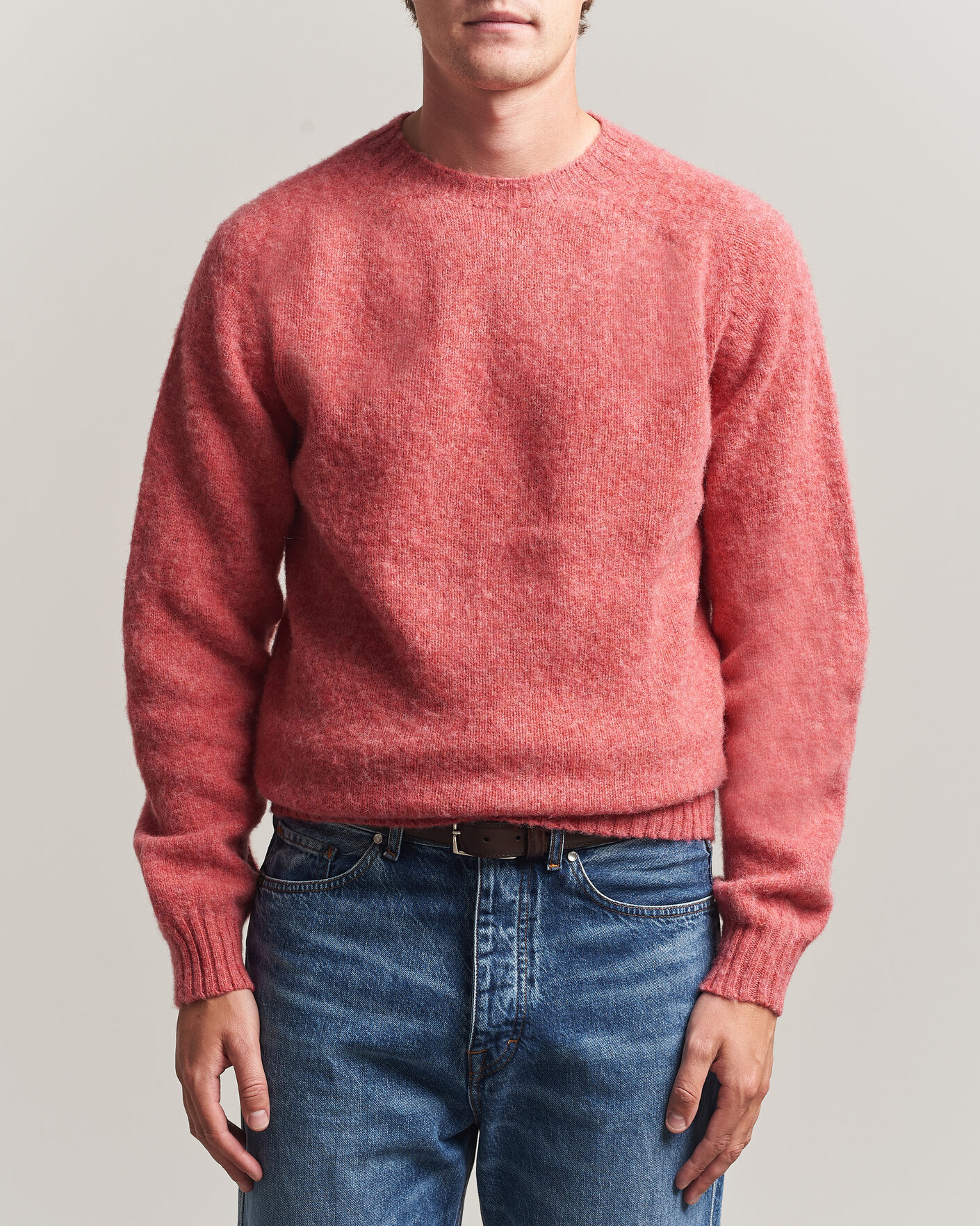 Men | Sweaters & Knitwear | Harley Of Scotland | Brushed Supersoft Lambswool Crewneck Tea Rose