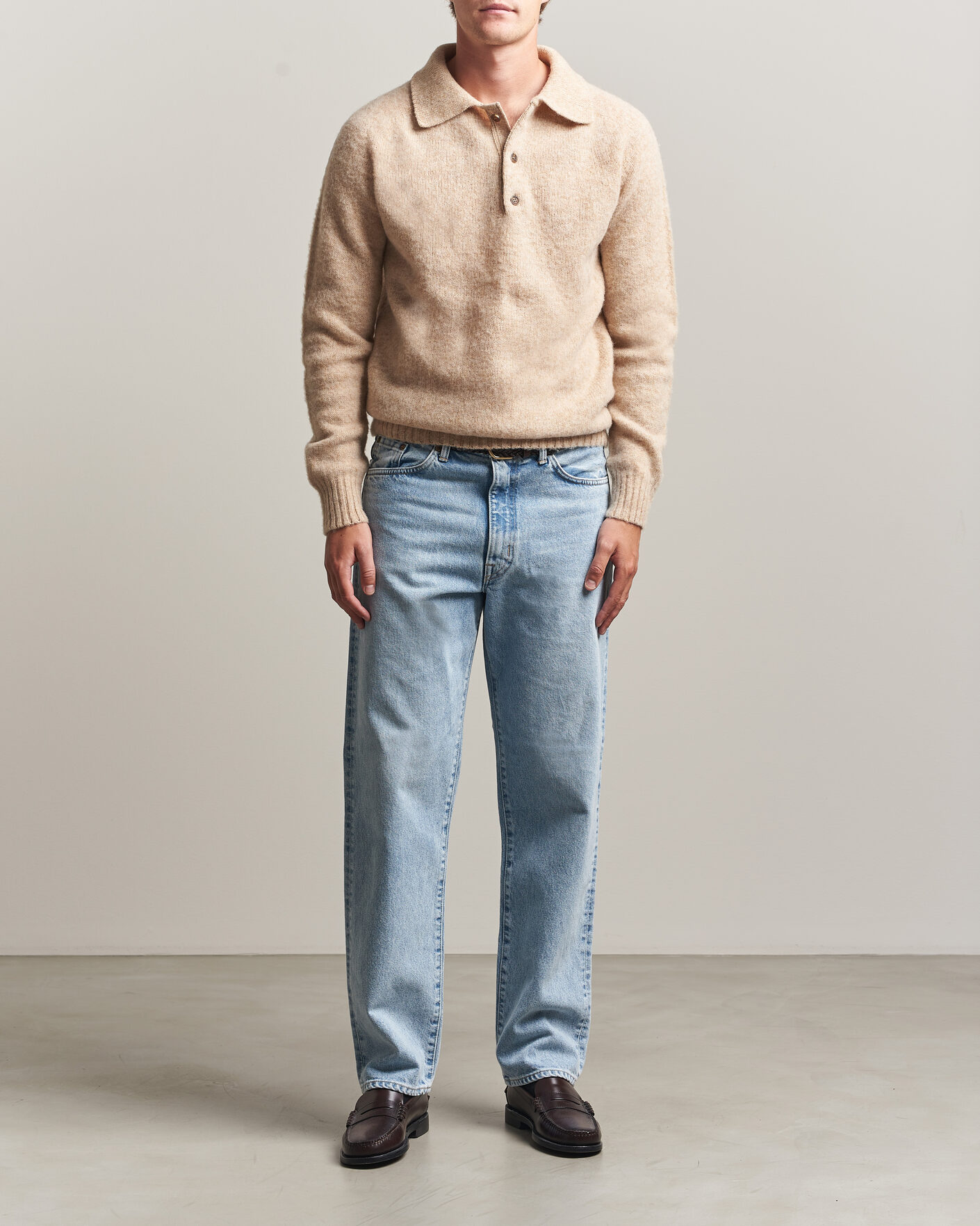Men | Sweaters & Knitwear | Harley Of Scotland | Brushed Supersoft Lambswool Polo Calico