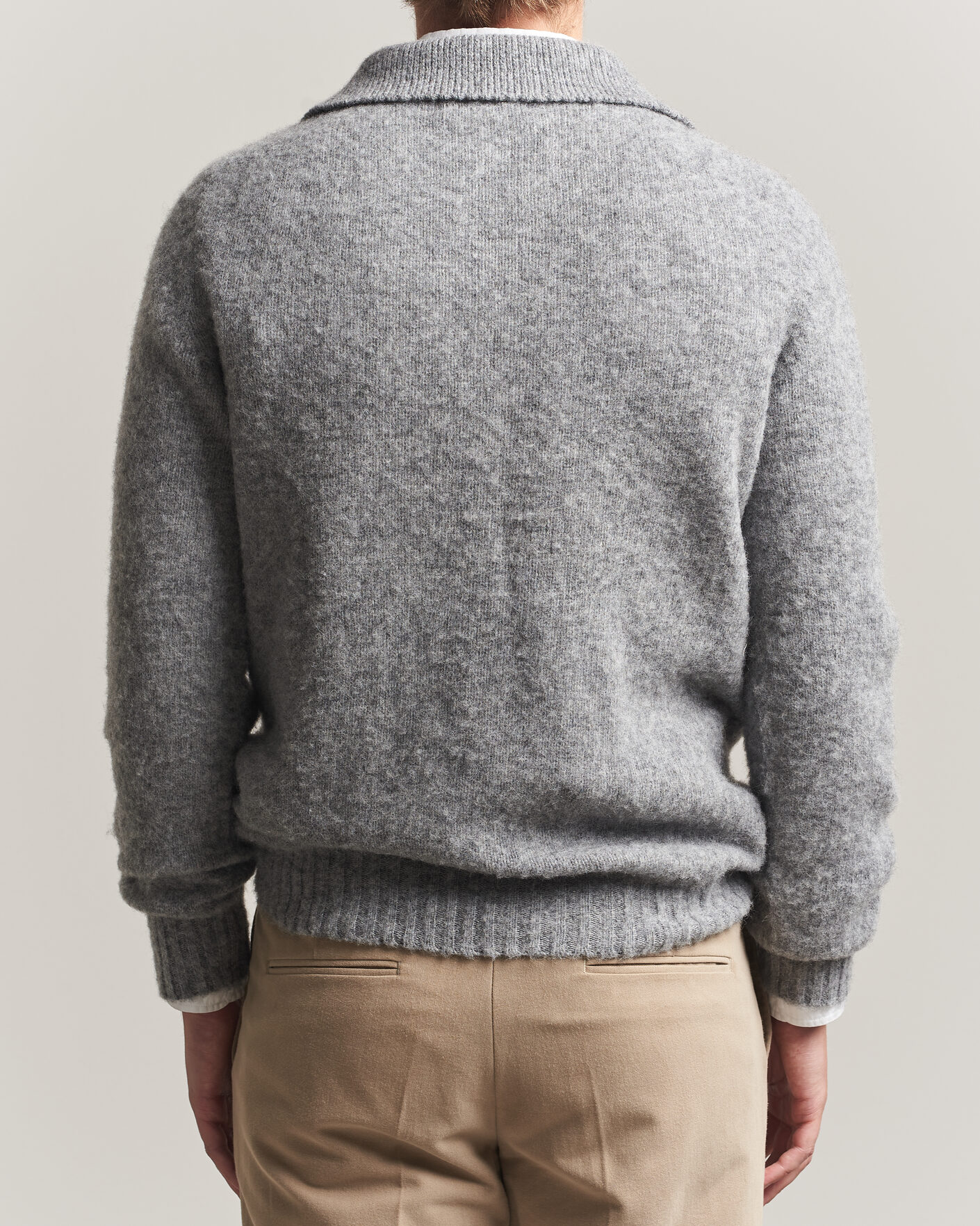 Men | Sweaters & Knitwear | Harley Of Scotland | Brushed Supersoft Lambswool Polo Mid Grey