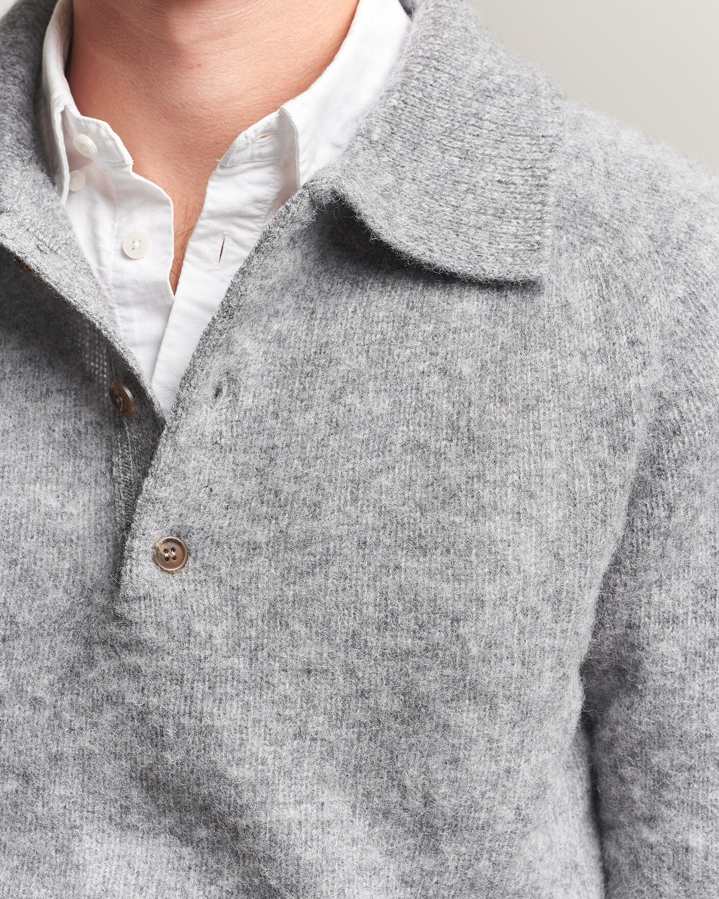 Men | Sweaters & Knitwear | Harley Of Scotland | Brushed Supersoft Lambswool Polo Mid Grey