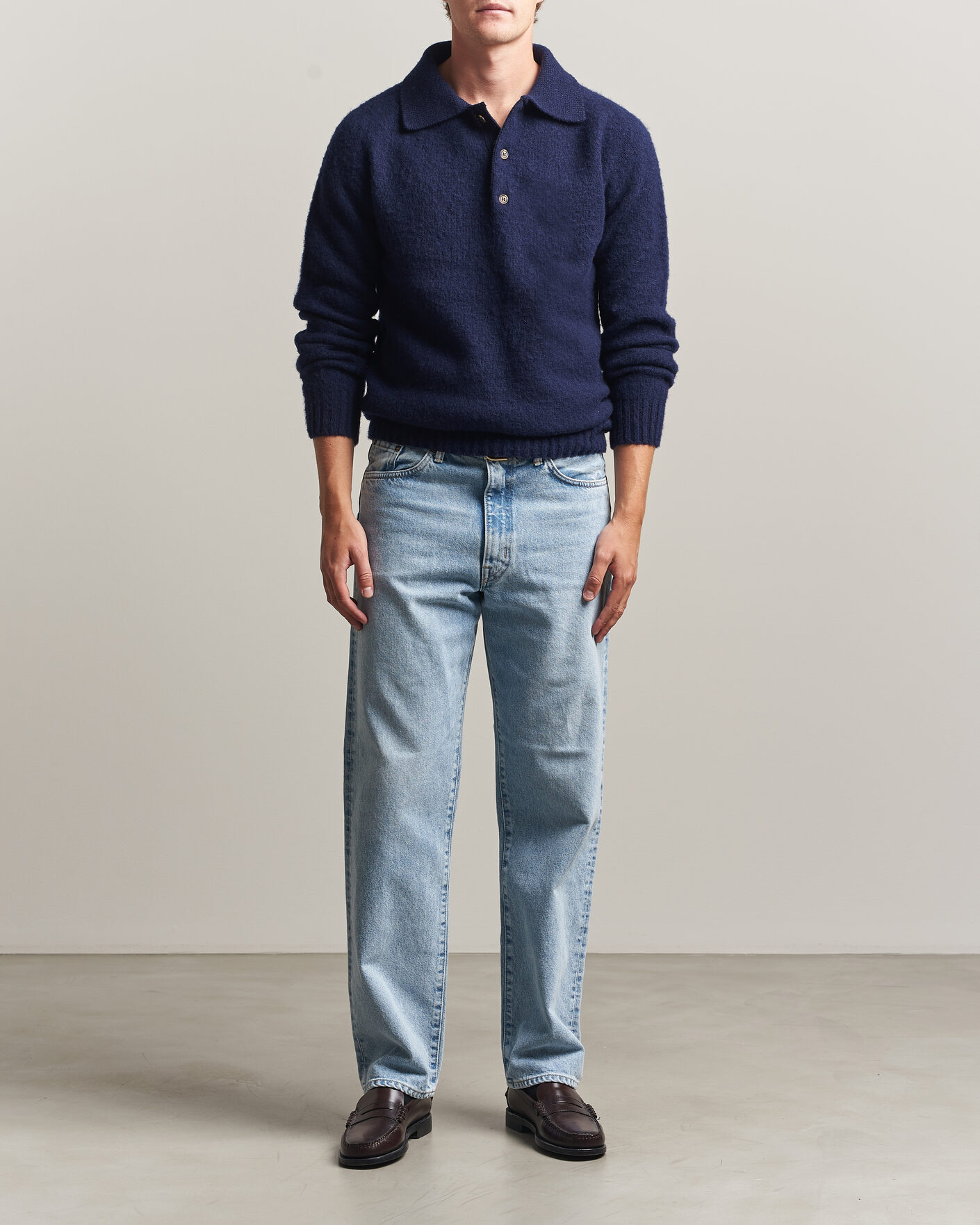 Men | Sweaters & Knitwear | Harley Of Scotland | Brushed Supersoft Lambswool Polo Navy