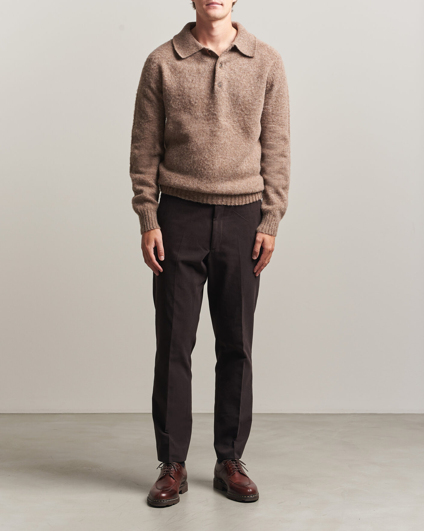 Men | Sweaters & Knitwear | Harley Of Scotland | Brushed Supersoft Lambswool Polo Tundra