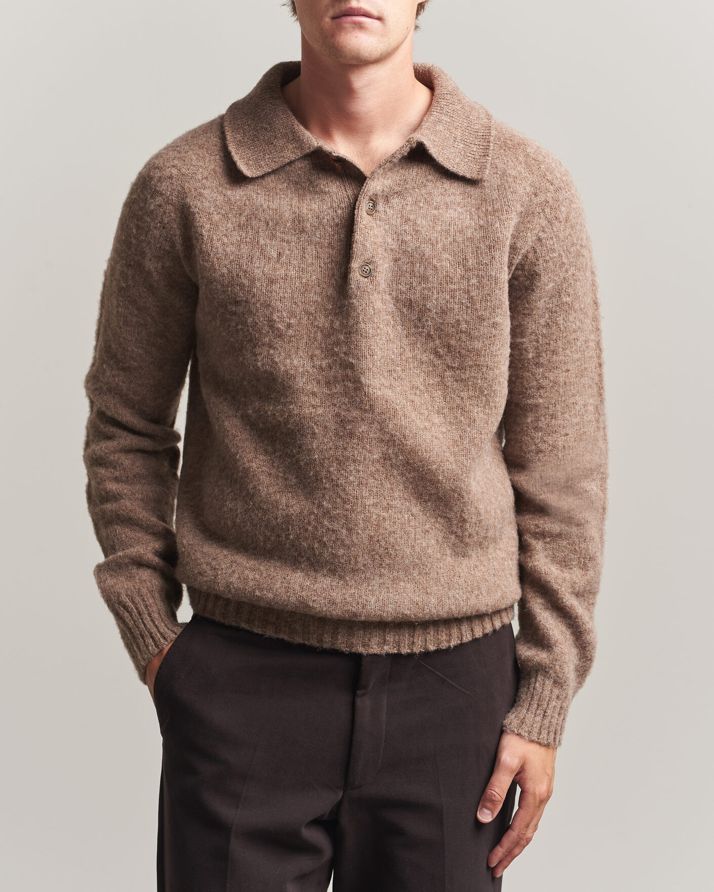 Men | Sweaters & Knitwear | Harley Of Scotland | Brushed Supersoft Lambswool Polo Tundra