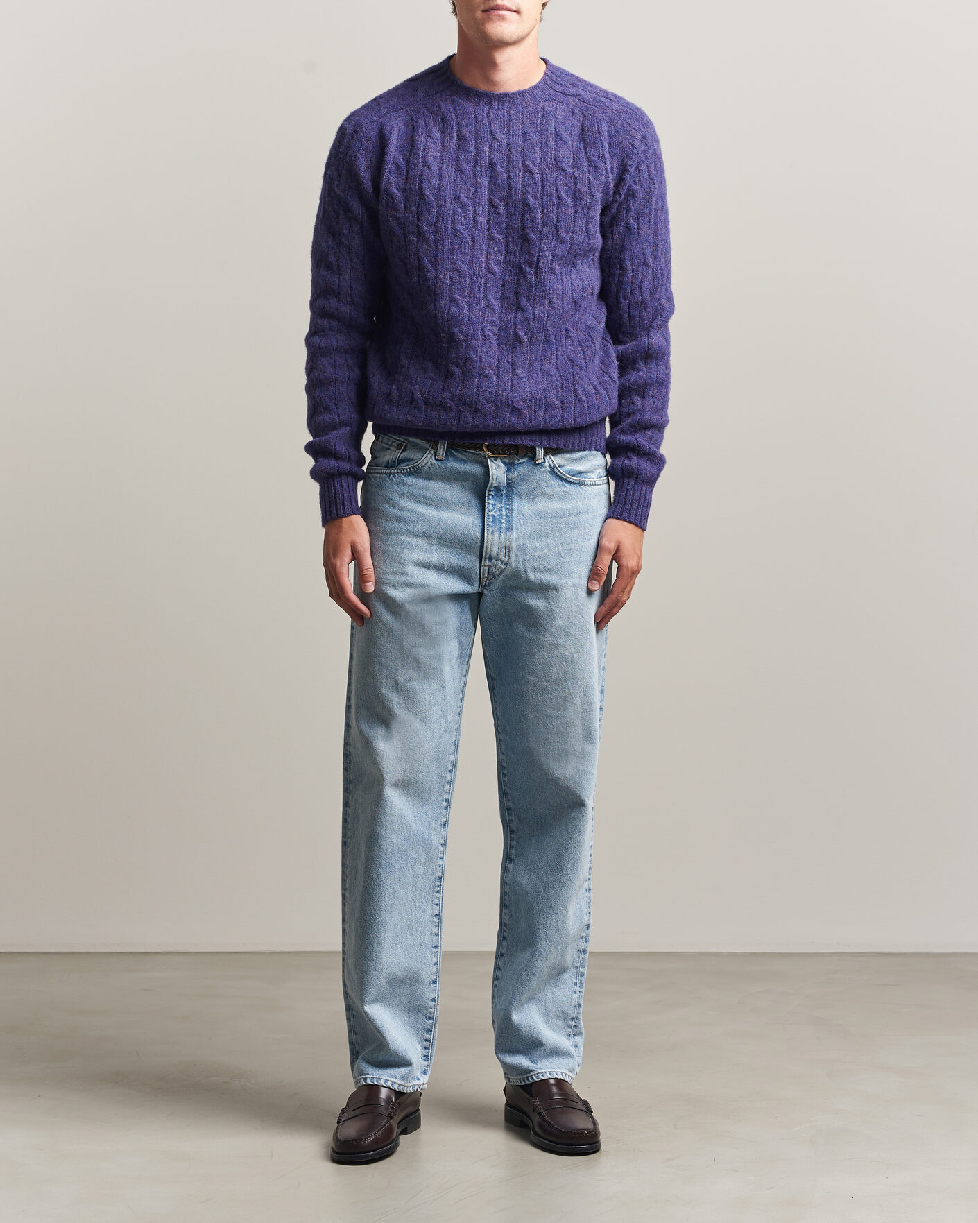 Men | Sweaters & Knitwear | Harley Of Scotland | Brushed Supersoft Lambswool Cable Iris