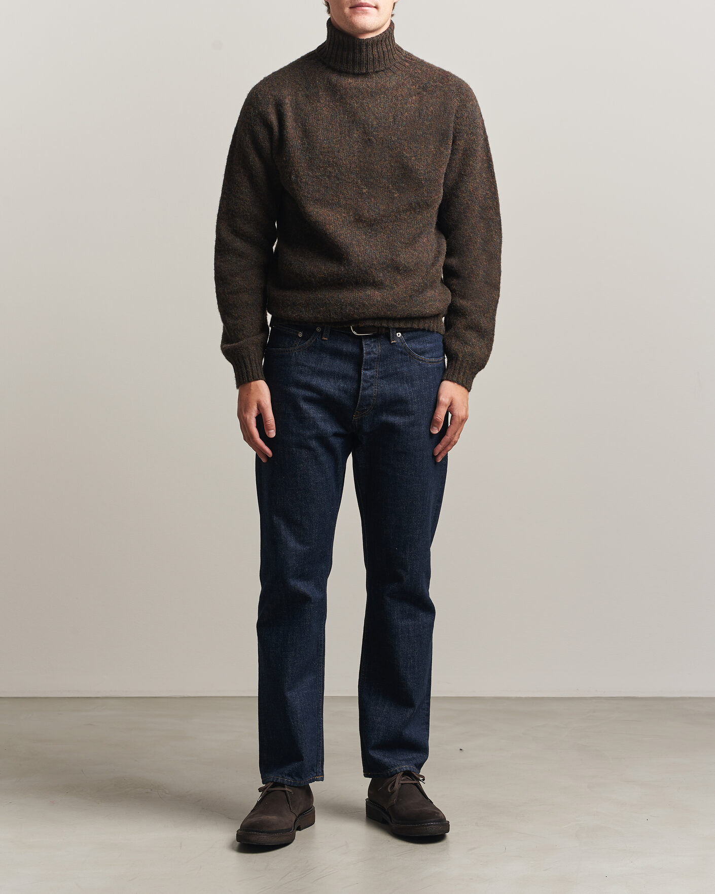 Men | Sweaters & Knitwear | Harley Of Scotland | Brushed Supersoft Lambswool Rollneck Carob