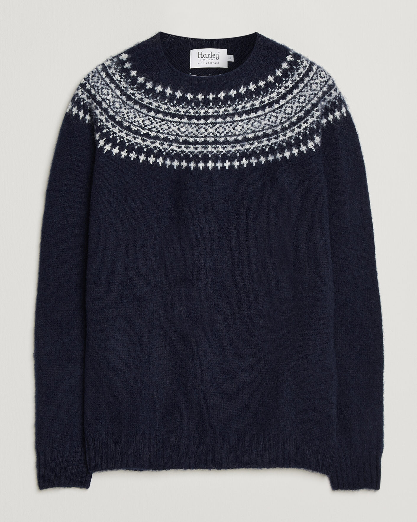 Men | Sweaters & Knitwear | Harley Of Scotland | Brushed Supersoft Lambswool Yolk Fairisle Navy/Snow White