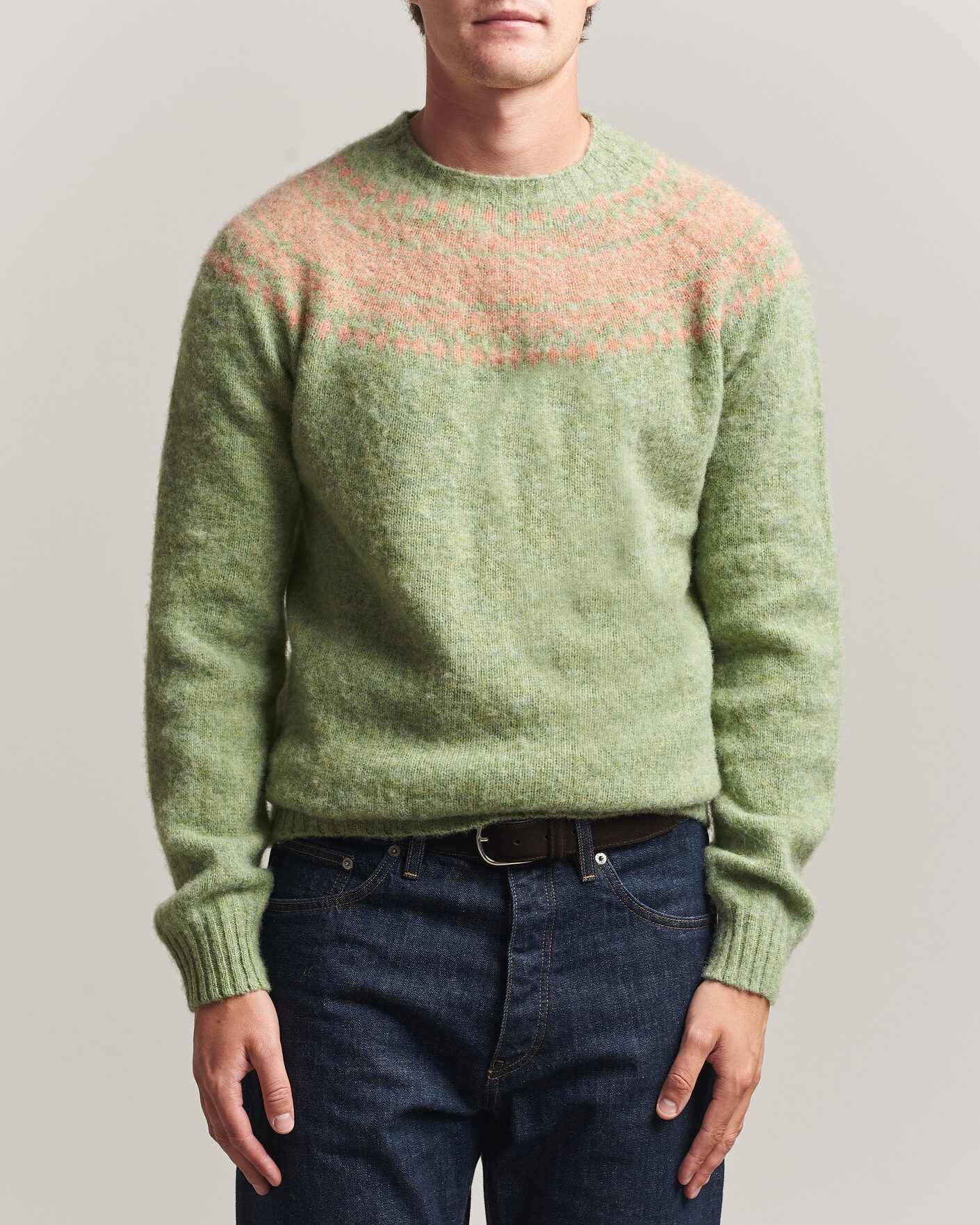 Men | Sweaters & Knitwear | Harley Of Scotland | Brushed Supersoft Lambswool Yolk Fairisle Sage/Parfait