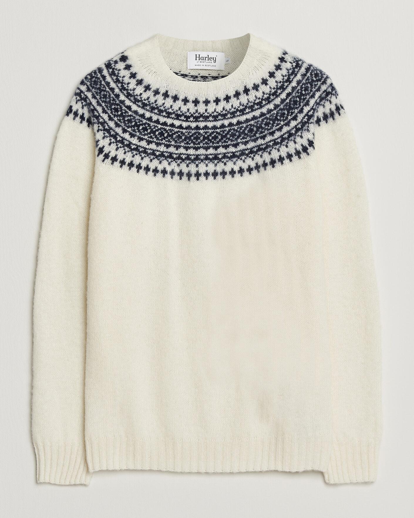 Men | Sweaters & Knitwear | Harley Of Scotland | Brushed Supersoft Lambswool Yolk Fairisle Snow White/Navy